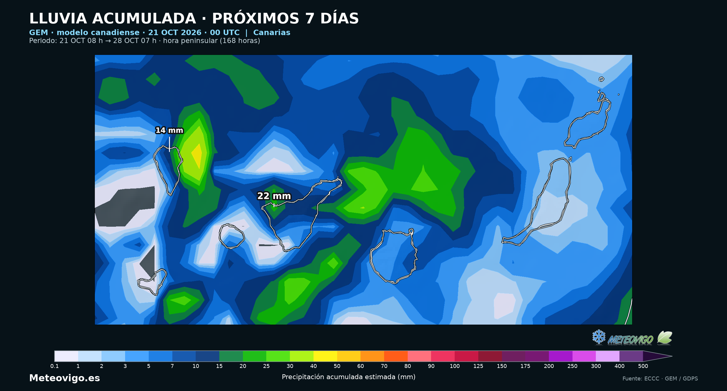 Lluvias siete días GEM 00 UTC: canarias, 21 a 28 octubre 2026