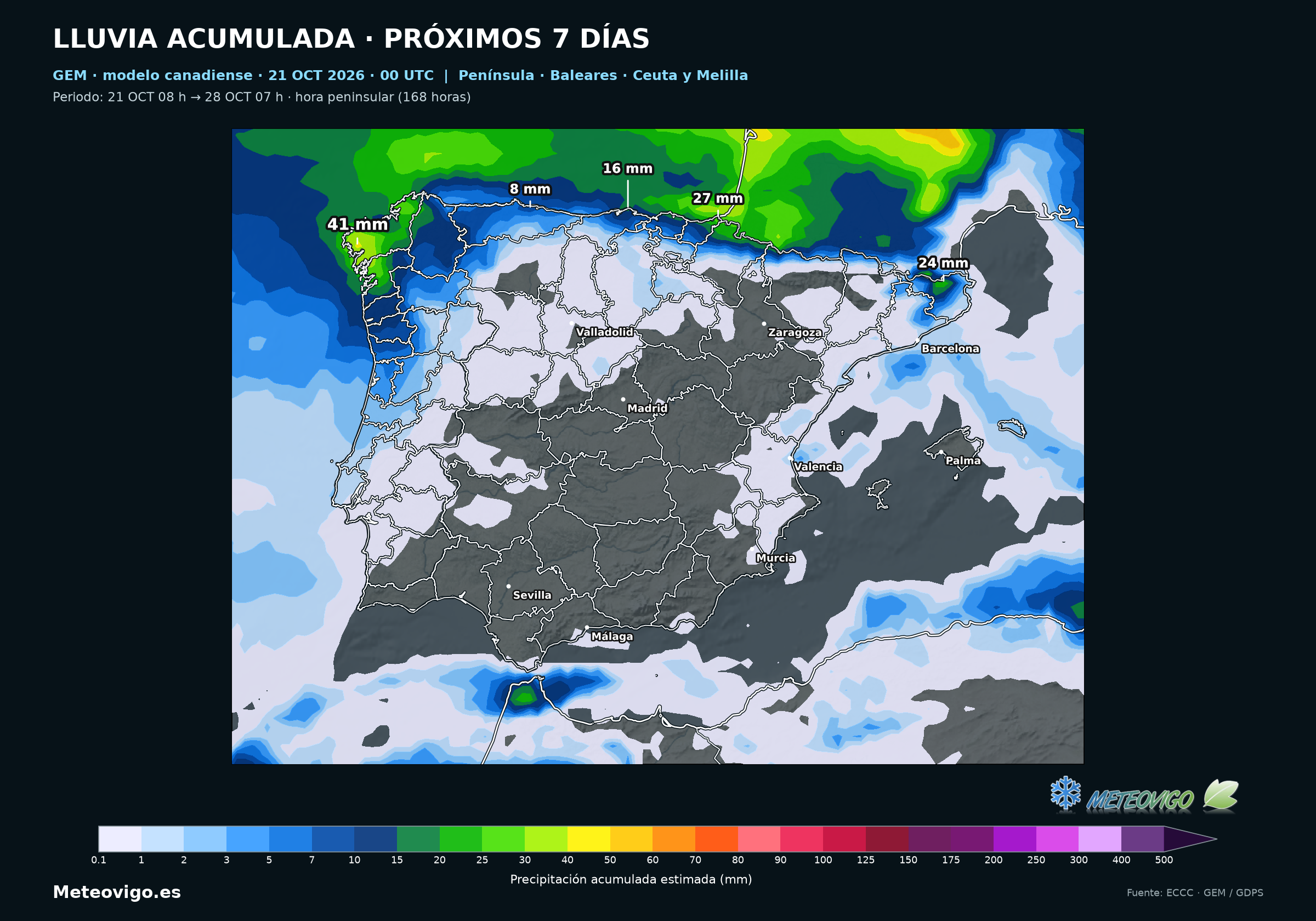 Lluvias siete días GEM 00 UTC: peninsula, 21 a 28 octubre 2026