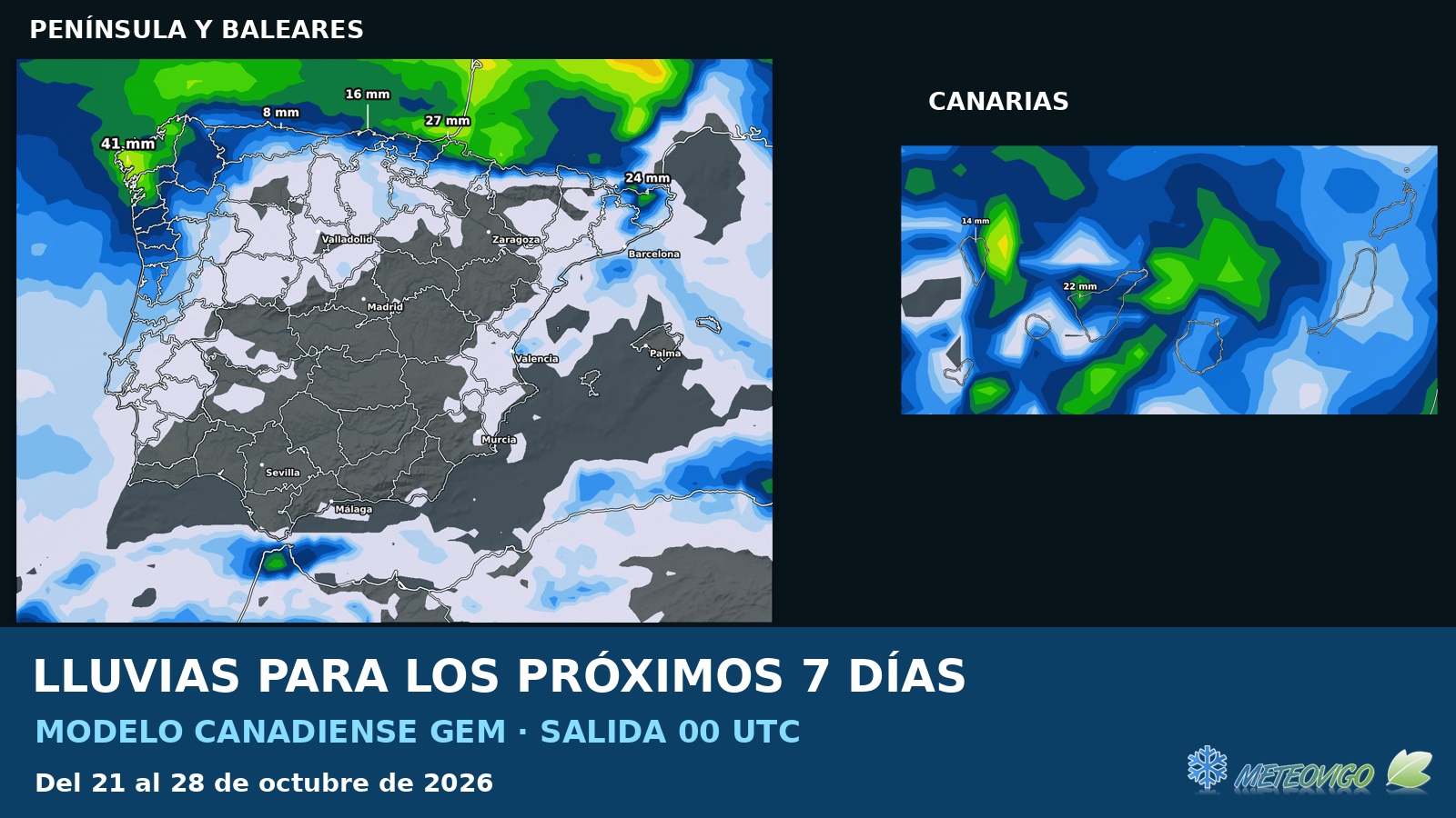 Lluvias próximos siete días: GEM, salida 00 UTC del 21 octubre 2026