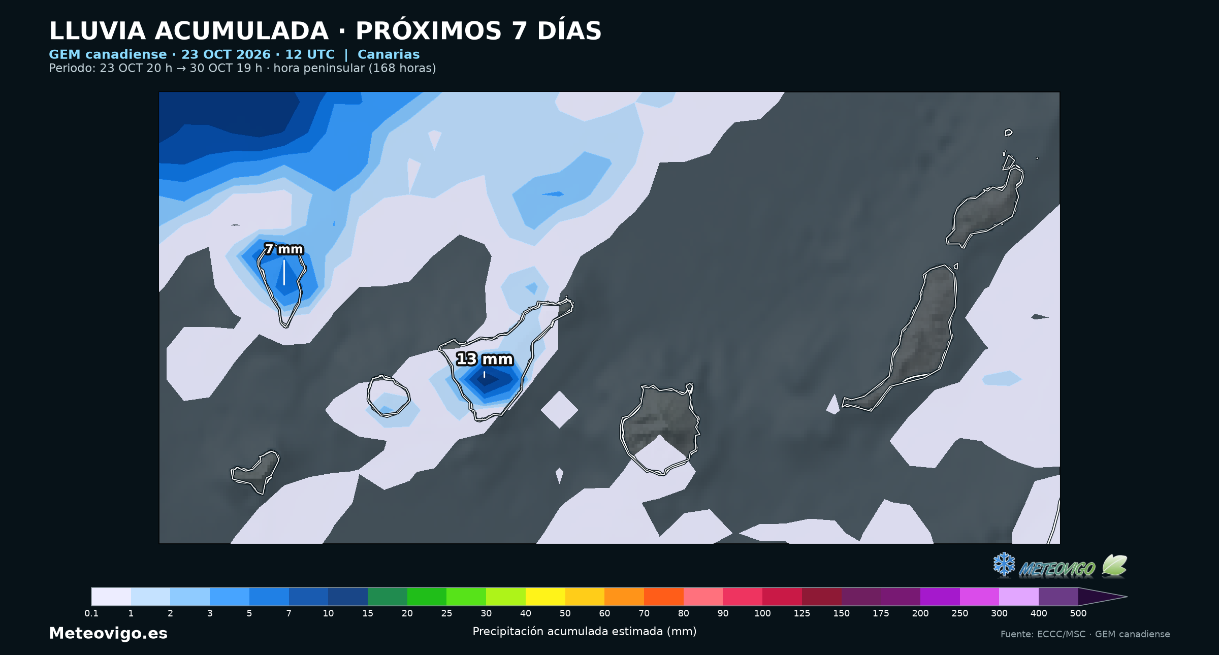 Canarias: lluvia acumulada del 23 al 30 de octubre. GEM canadiense, salida del 23 de octubre de 2026 a las 12 UTC. Elaboración Meteovigo con datos ECCC/MSC.