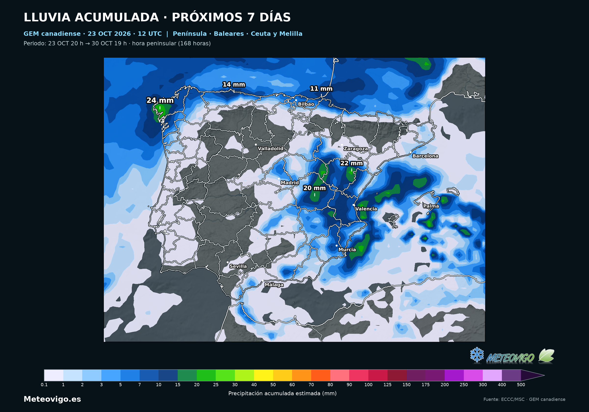 Península, Baleares, Ceuta y Melilla: lluvia acumulada del 23 al 30 de octubre. GEM canadiense, salida del 23 de octubre de 2026 a las 12 UTC. Elaboración Meteovigo con datos ECCC/MSC.