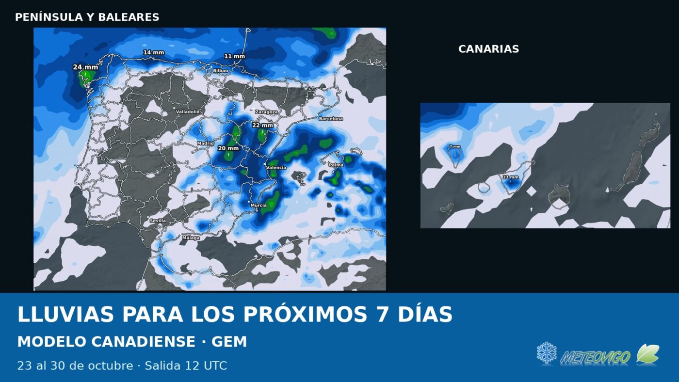 Lluvias para los próximos siete días: nuevos mapas GEM canadiense del 23 de octubre de 2026