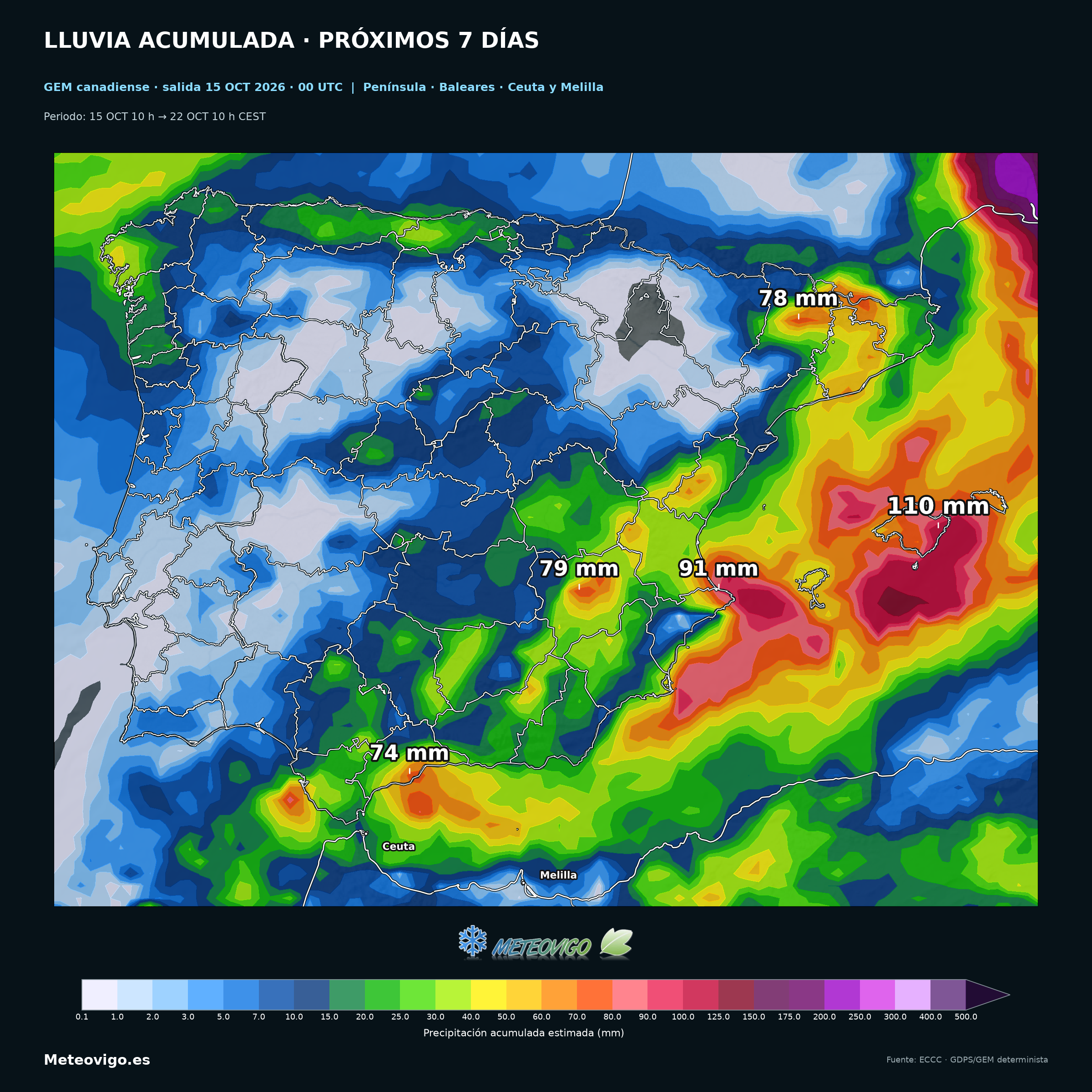 Lluvia acumulada del modelo canadiense GEM del 15 al 22 de octubre de 2026, con encuadre ampliado de la Península, Baleares, Ceuta y Melilla