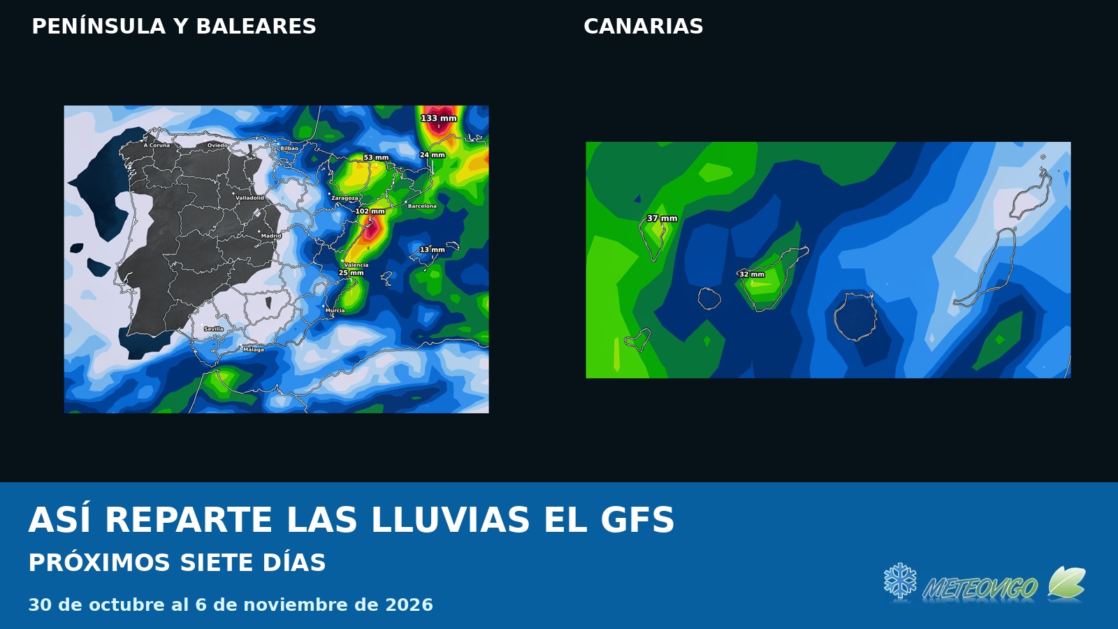 Lluvias a siete días según el GFS. Del 30 de octubre al 6 de noviembre de 2026.