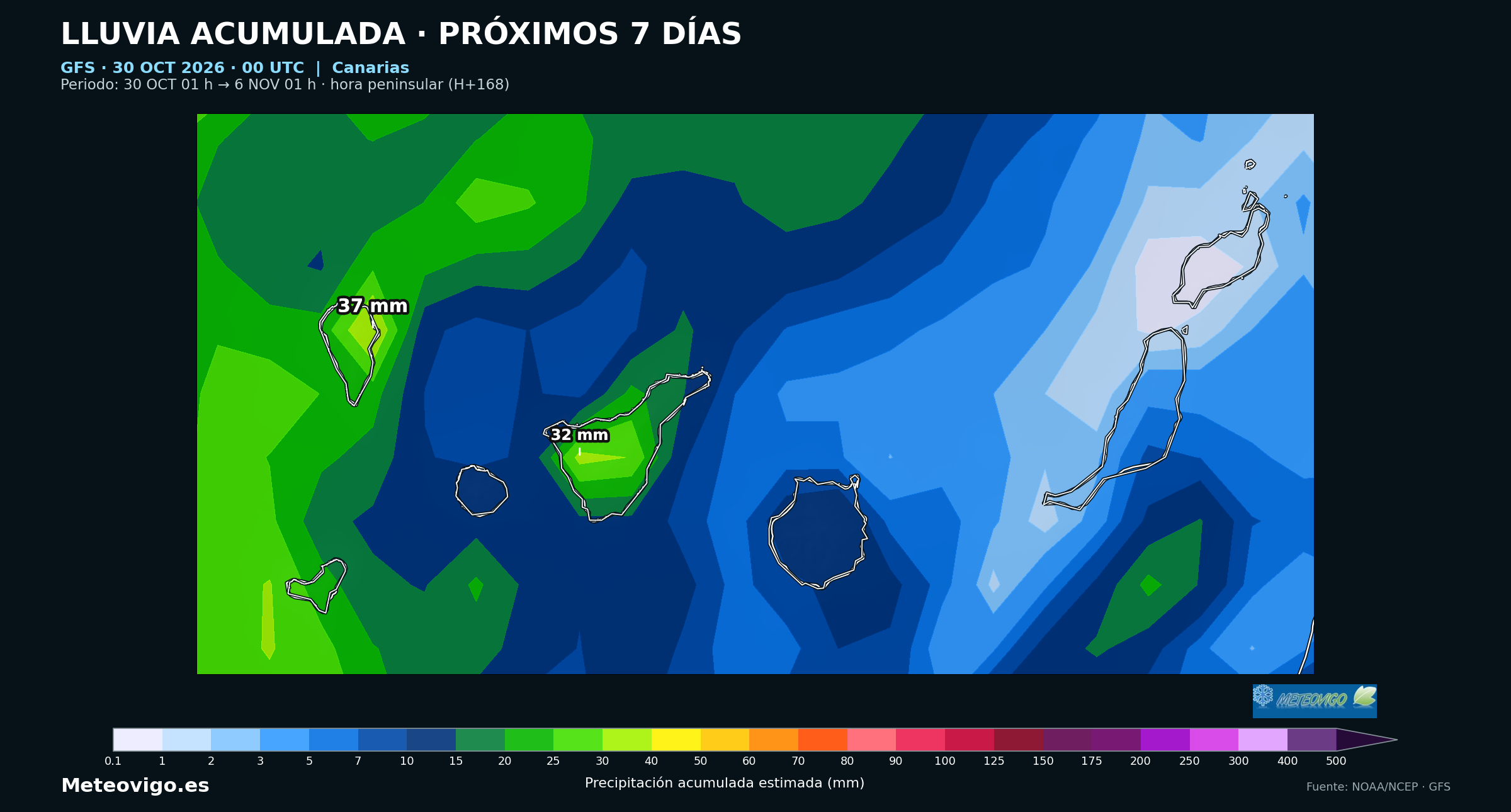 Precipitación acumulada del GFS, salida del 30 de octubre de 2026 a las 00 UTC. Periodo: 30 de octubre–6 de noviembre, de 00 a 00 UTC (H+168). Canarias. Fuente: NOAA/NCEP.