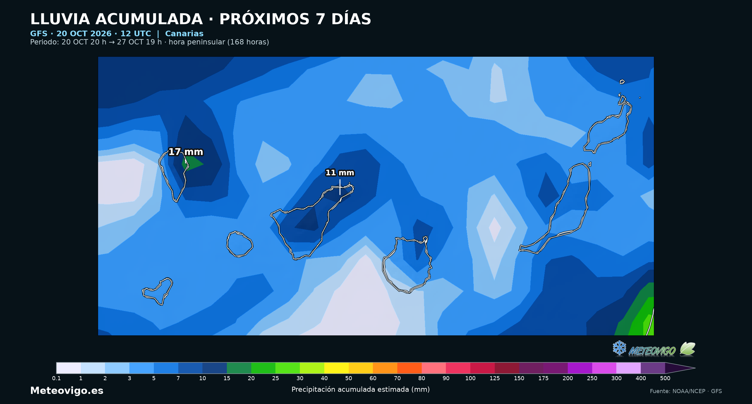 Lluvias siete d&iacute;as GFS 12 UTC: canarias, 20 a 27 octubre 2026