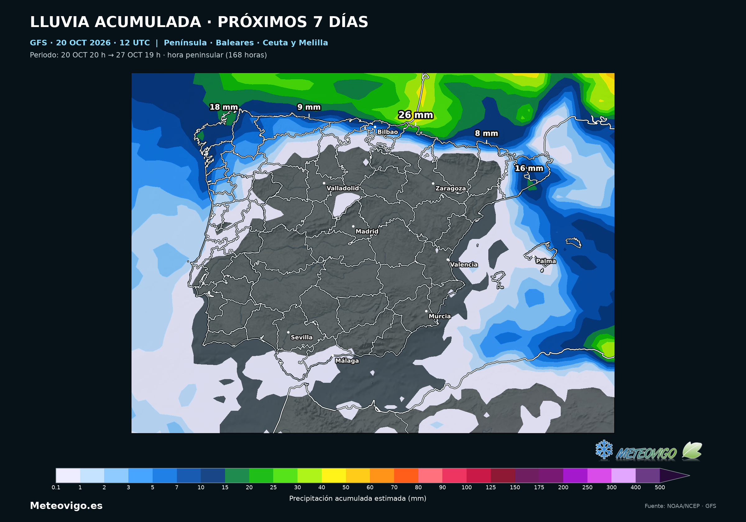 Lluvias siete d&iacute;as GFS 12 UTC: peninsula, 20 a 27 octubre 2026