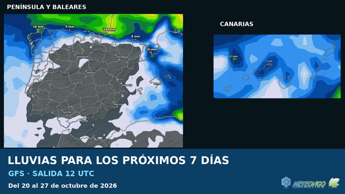 Lluvias próximos siete días: GFS, salida 12 UTC del 20 octubre 2026