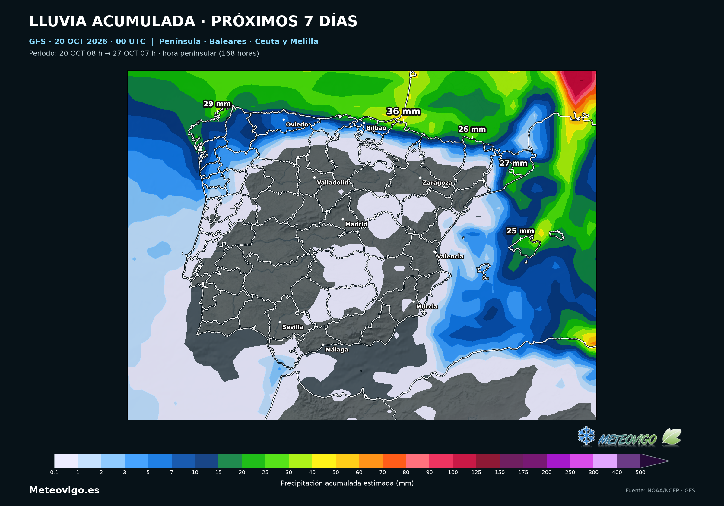 Precipitación acumulada del modelo GFS del 20 al 27 de octubre de 2026 en la Península, Baleares, Ceuta y Melilla