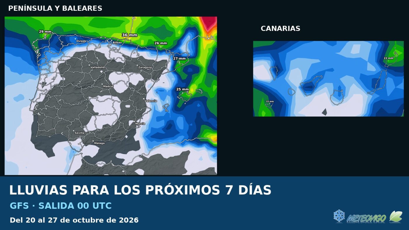 Lluvias próximos siete días GFS, 20 de octubre de 2026