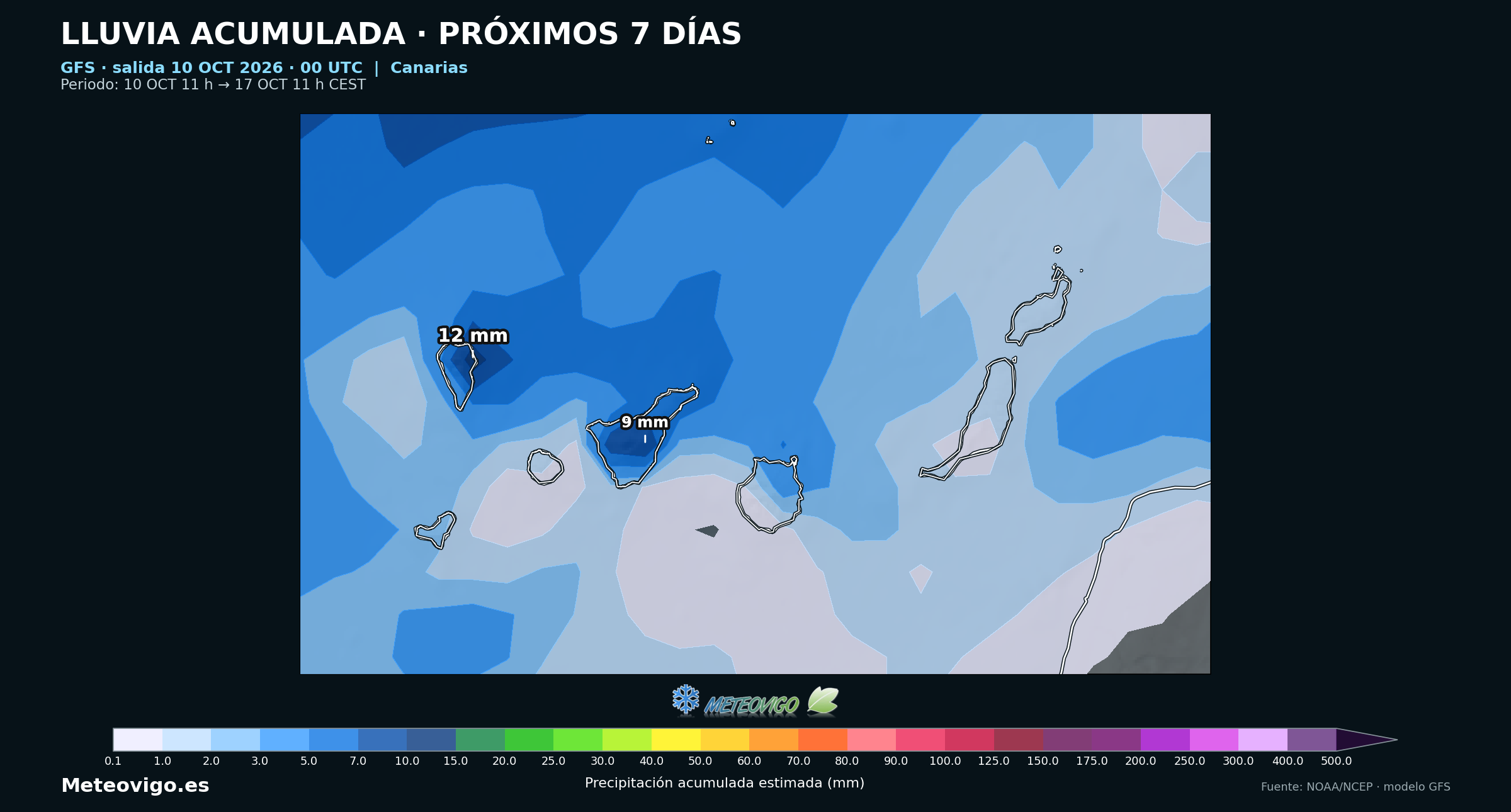 Lluvias acumuladas del GFS del 10 al 17 de octubre en Canarias