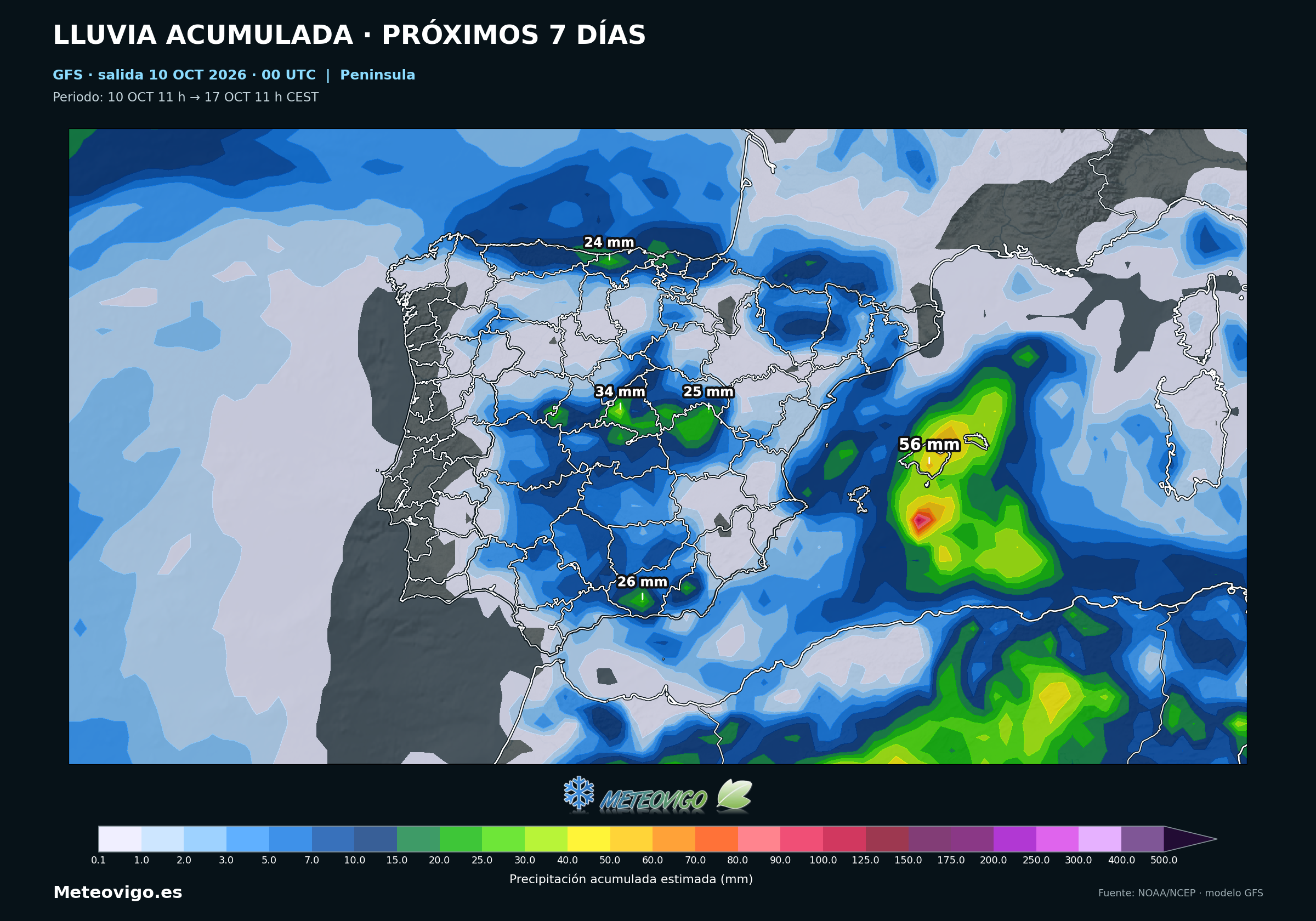 Lluvias acumuladas del GFS del 10 al 17 de octubre en la Pen&iacute;nsula, Baleares, Ceuta y Melilla