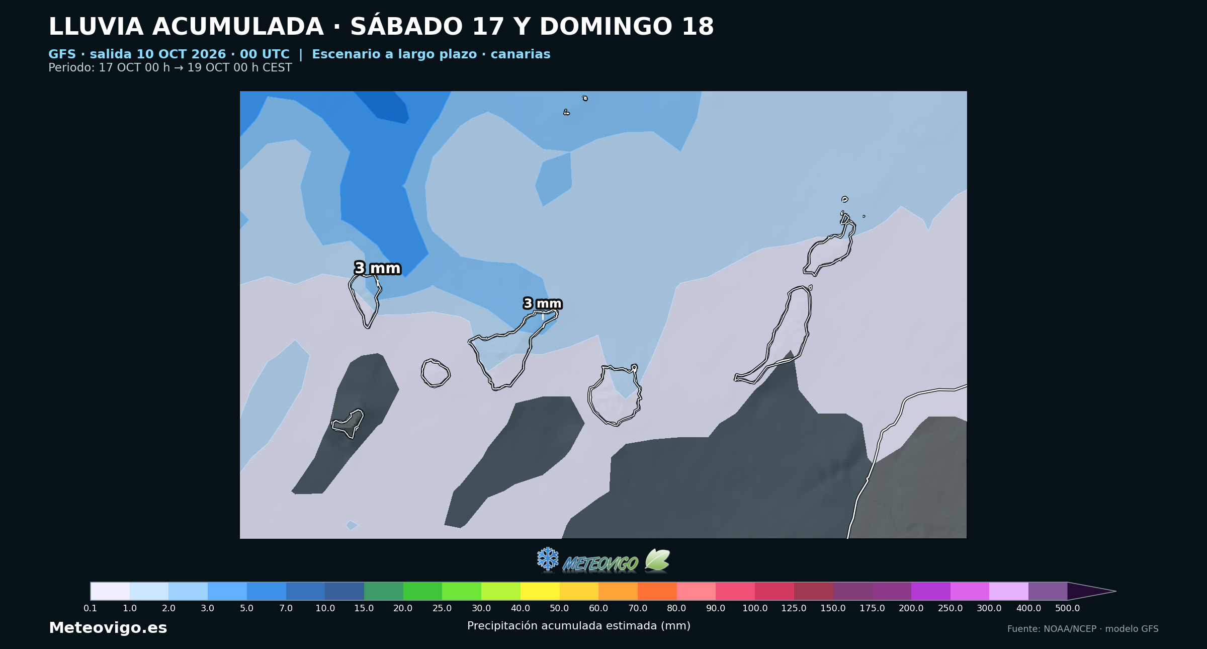 Escenario del GFS de lluvia acumulada durante el s&aacute;bado 17 y el domingo 18 de octubre en Canarias
