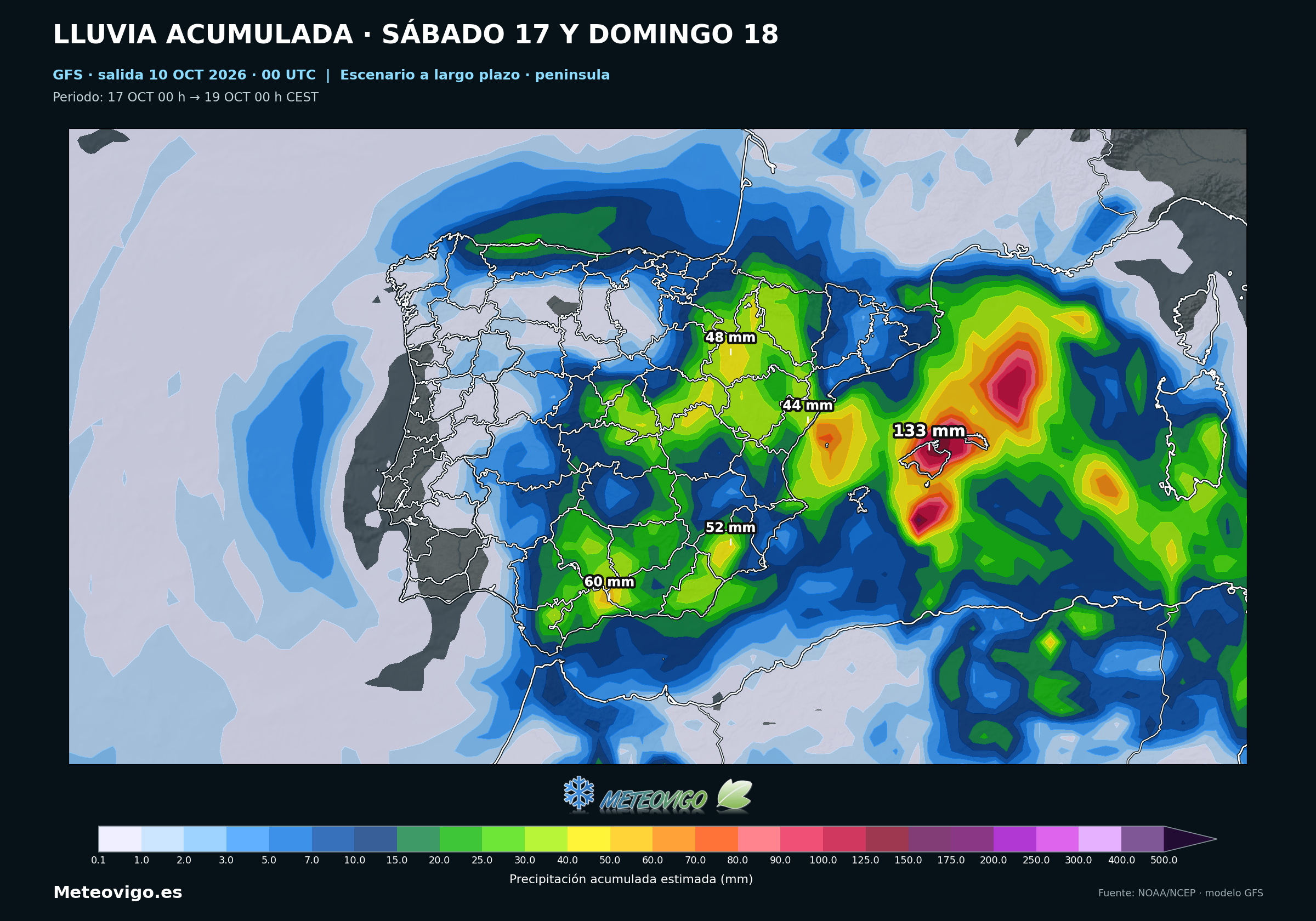 Escenario del GFS de lluvia acumulada durante el s&aacute;bado 17 y el domingo 18 de octubre en la Pen&iacute;nsula y Baleares