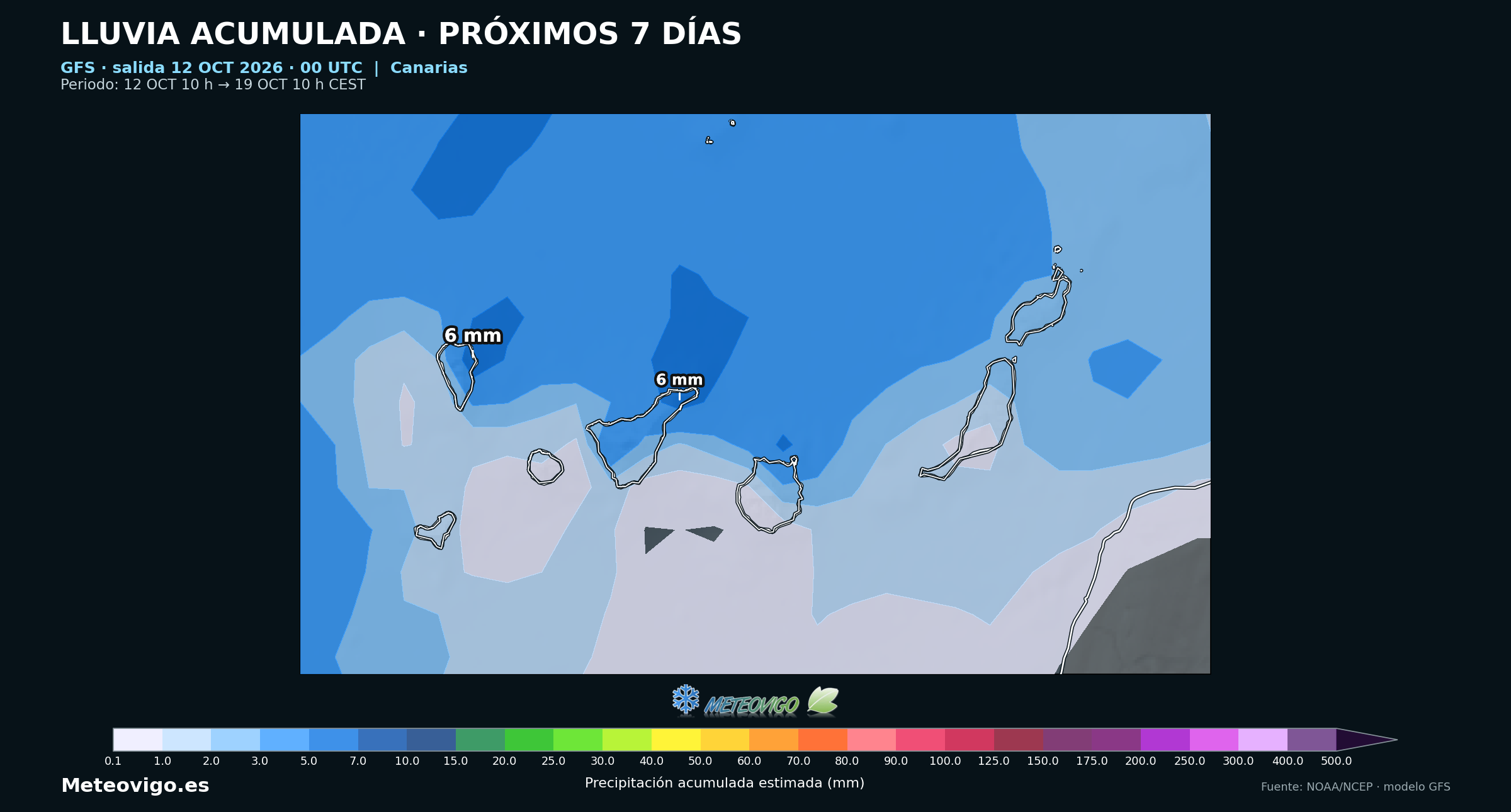 Lluvia acumulada prevista por el modelo GFS en Canarias del 12 al 19 de octubre