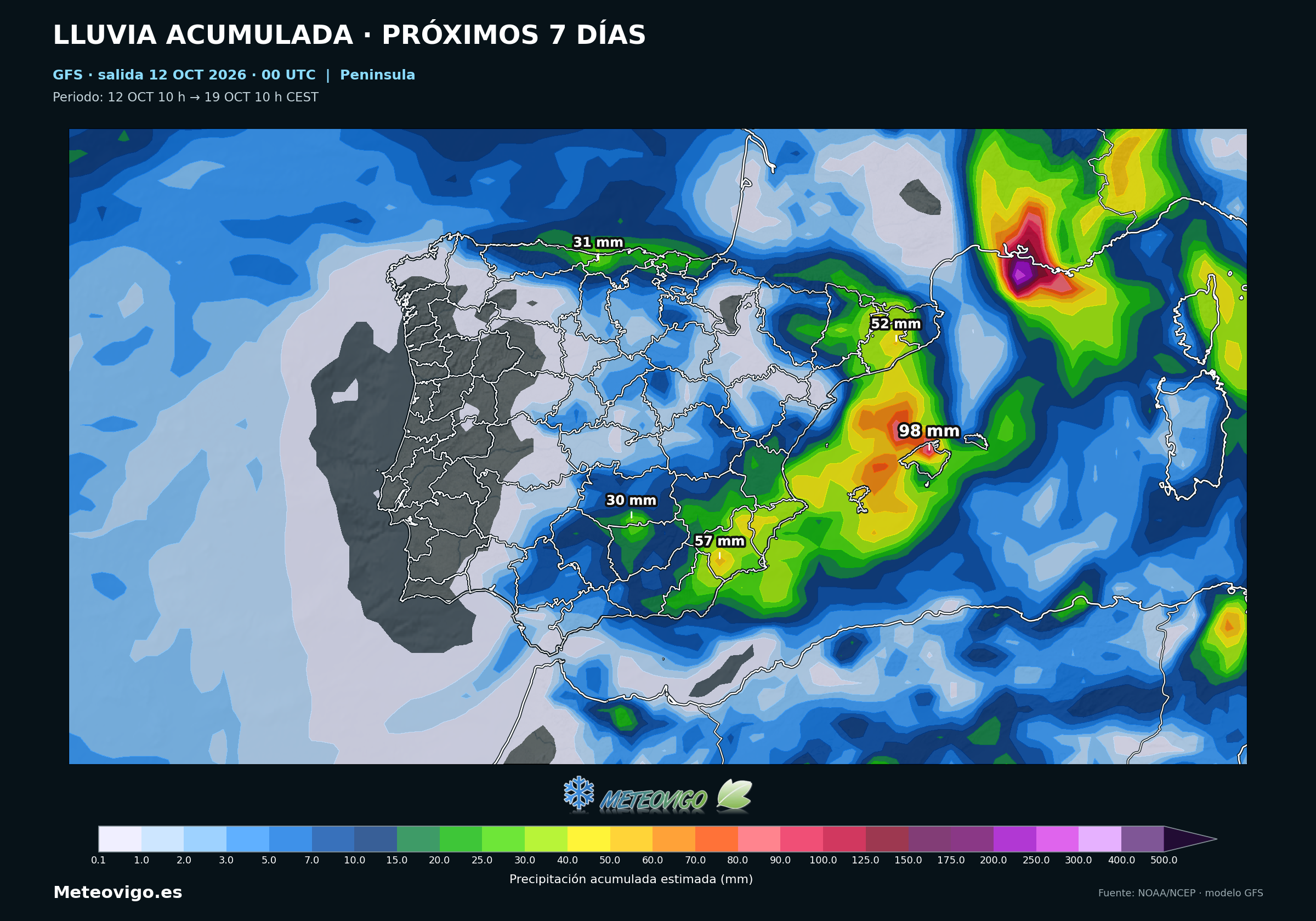 Lluvia acumulada prevista por el modelo GFS en la Península, Baleares, Ceuta y Melilla del 12 al 19 de octubre