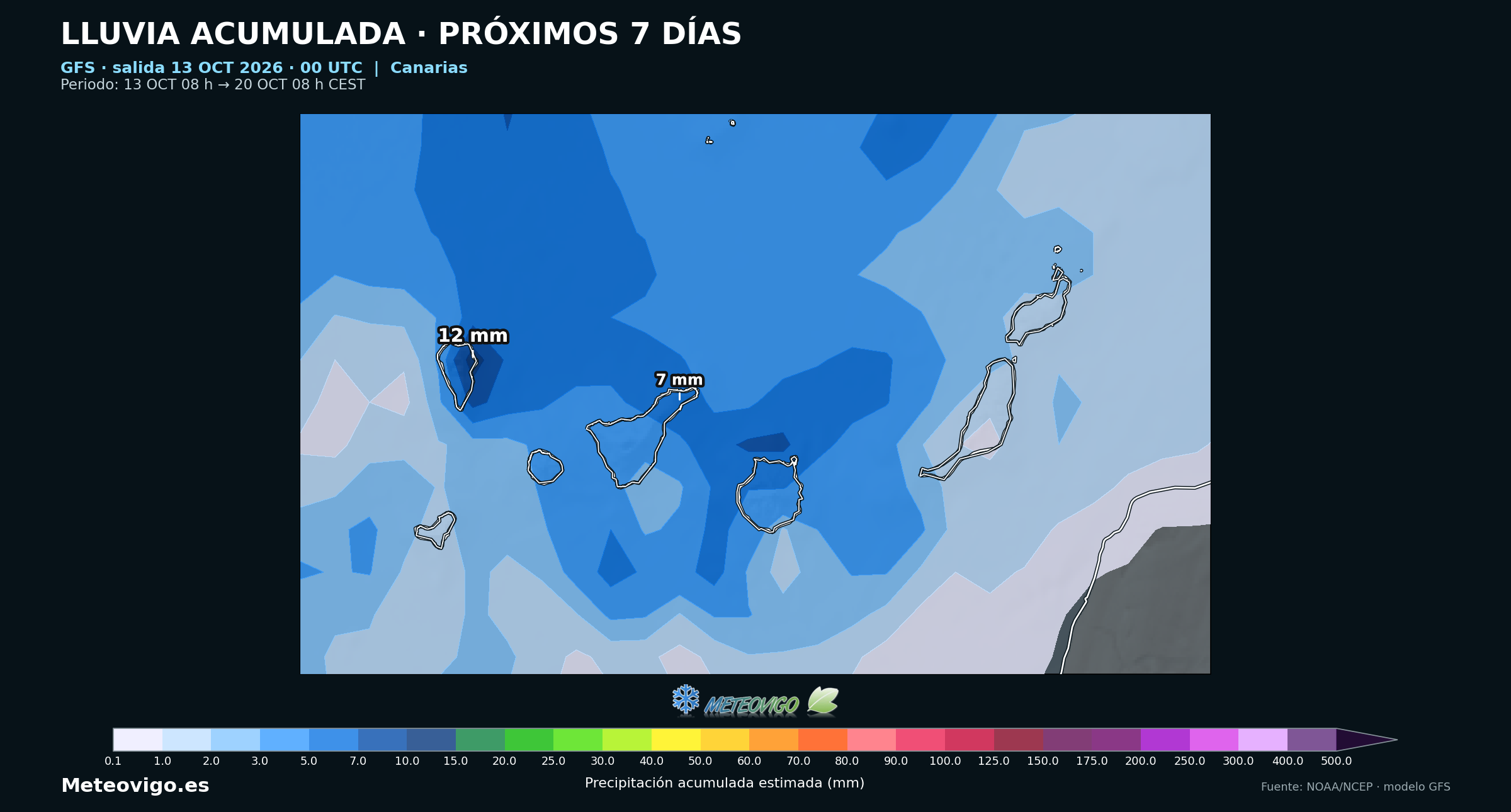 Lluvia acumulada prevista por el modelo GFS en Canarias del 13 al 20 de octubre