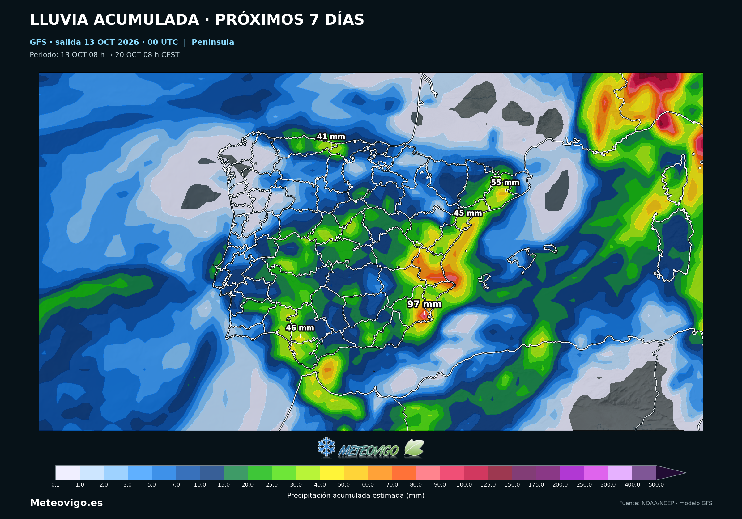 Lluvia acumulada prevista por el modelo GFS en la Península, Baleares, Ceuta y Melilla del 13 al 20 de octubre