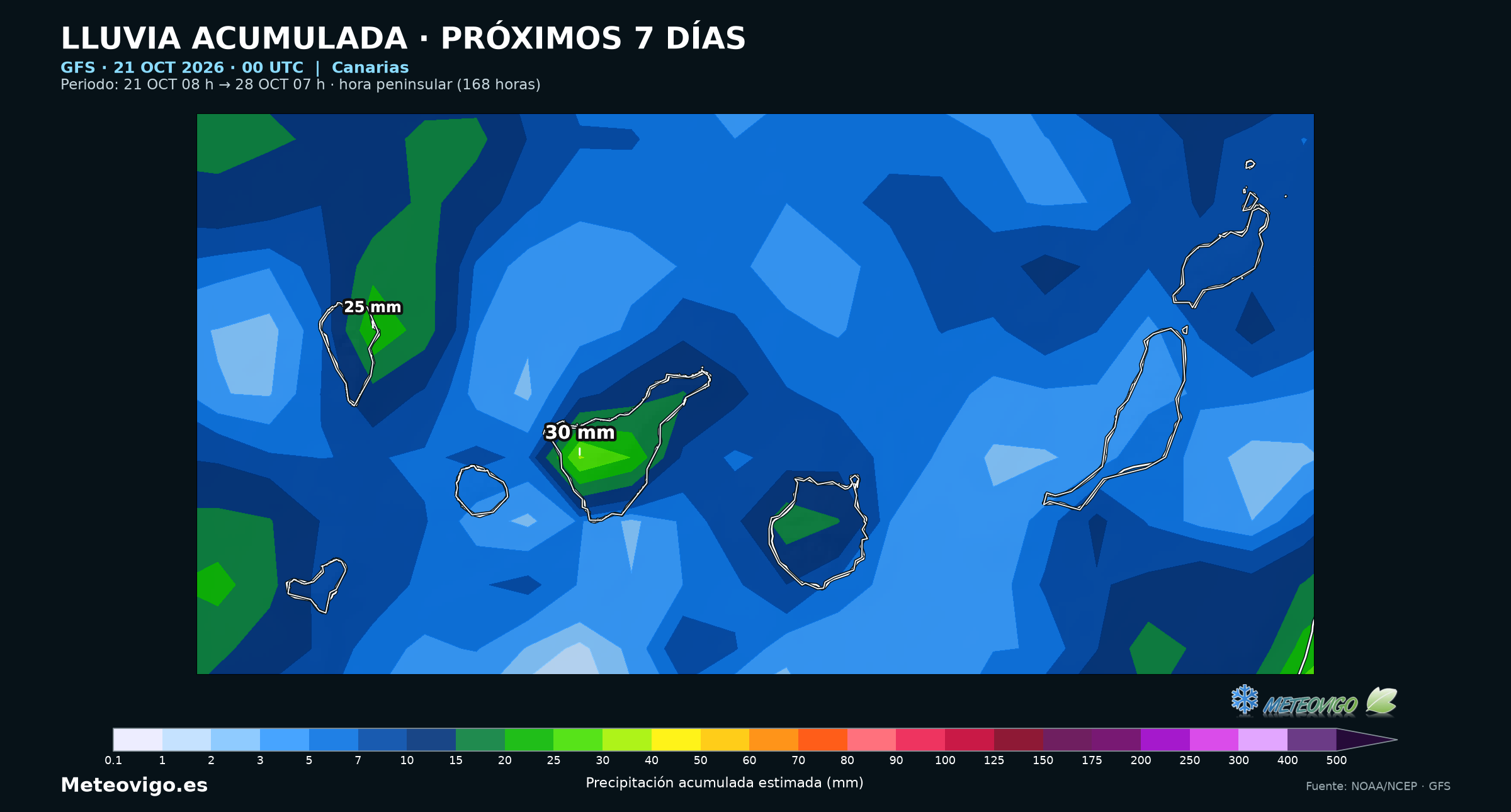 Lluvias siete d&iacute;as GFS 00 UTC: canarias, 21 a 28 octubre 2026