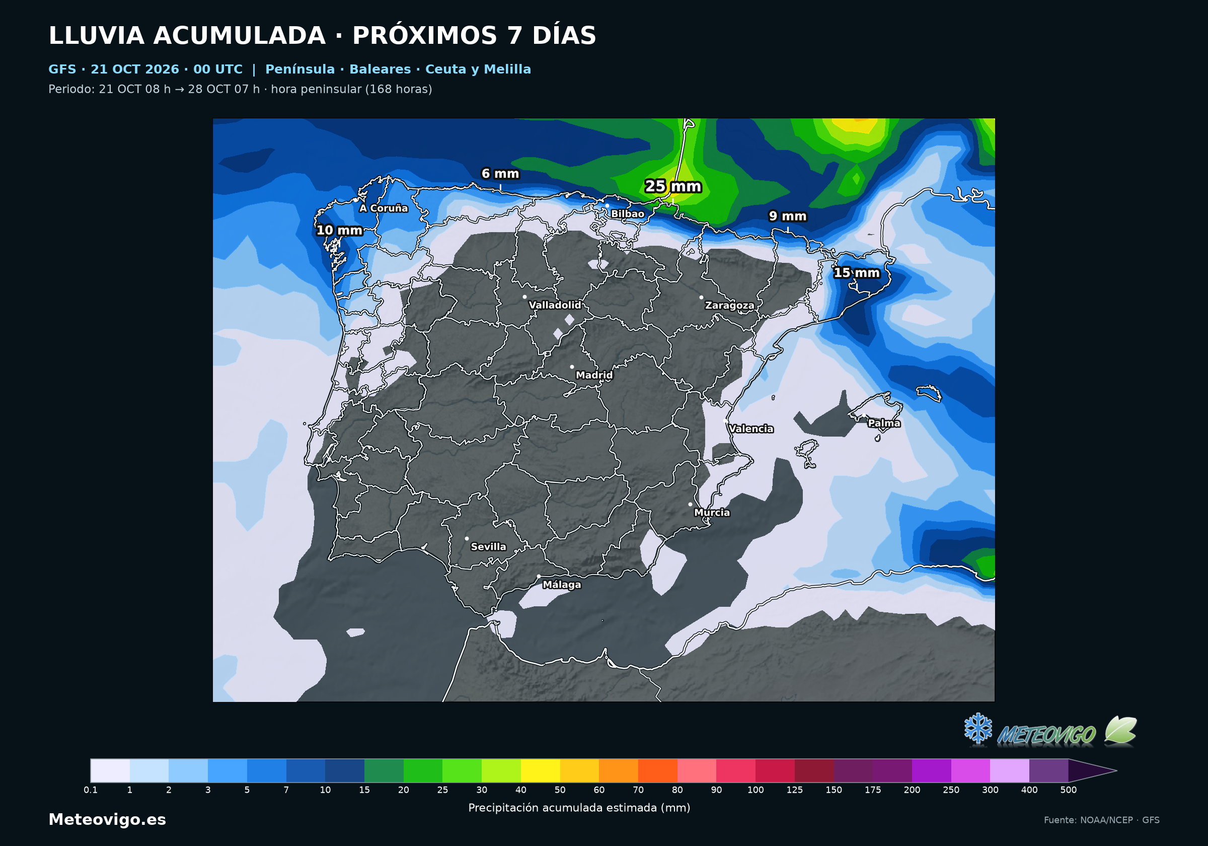 Lluvias siete d&iacute;as GFS 00 UTC: peninsula, 21 a 28 octubre 2026