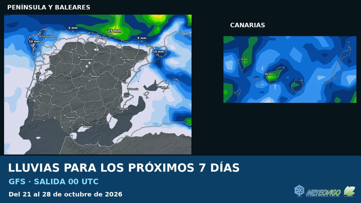 Lluvias próximos siete días: GFS, salida 00 UTC del 21 octubre 2026