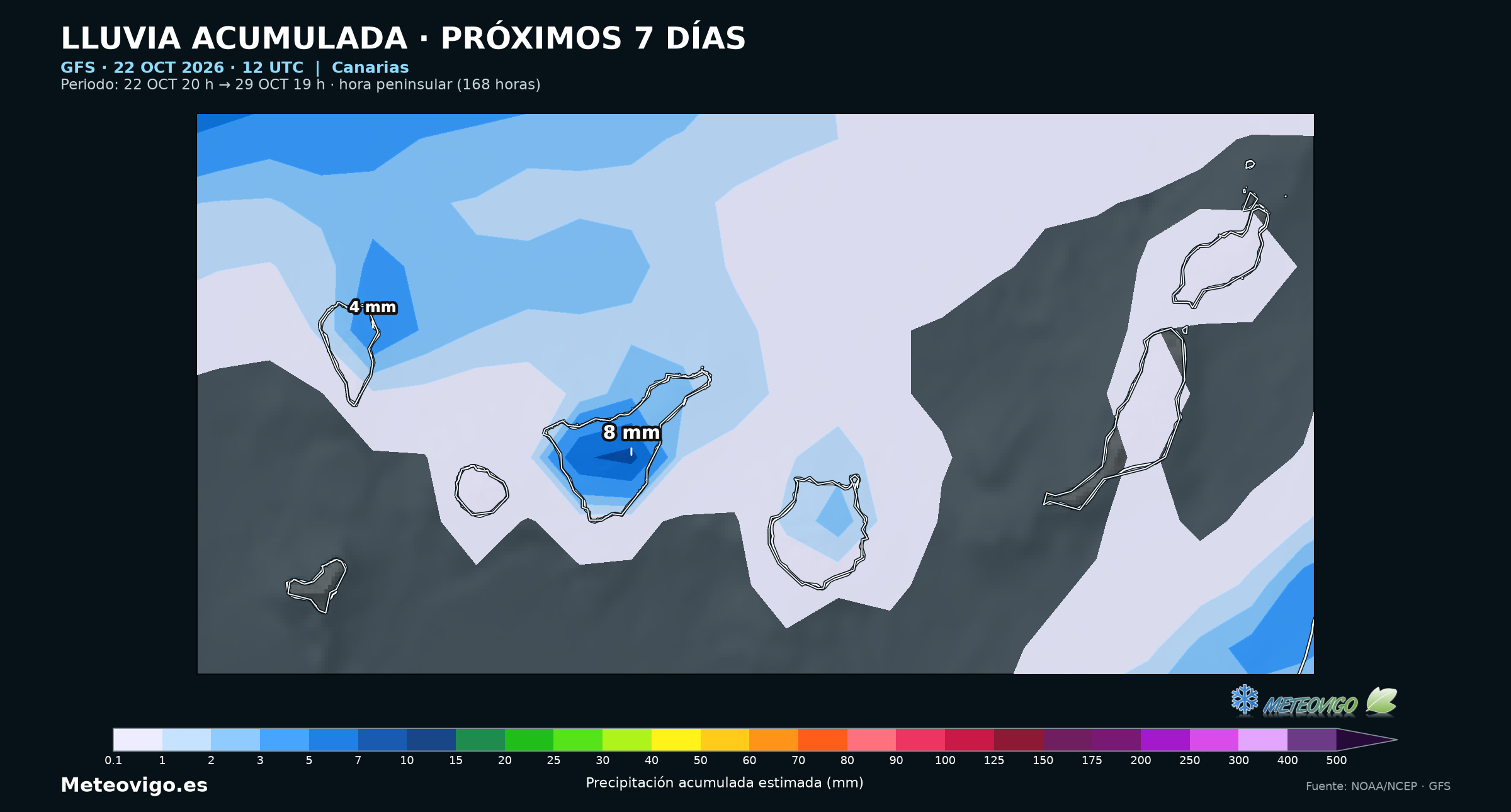 Canarias: lluvia acumulada del 22 al 29 de octubre. GFS, salida del 22 de octubre de 2026 a las 12 UTC. Elaboración Meteovigo con datos NOAA/NCEP.