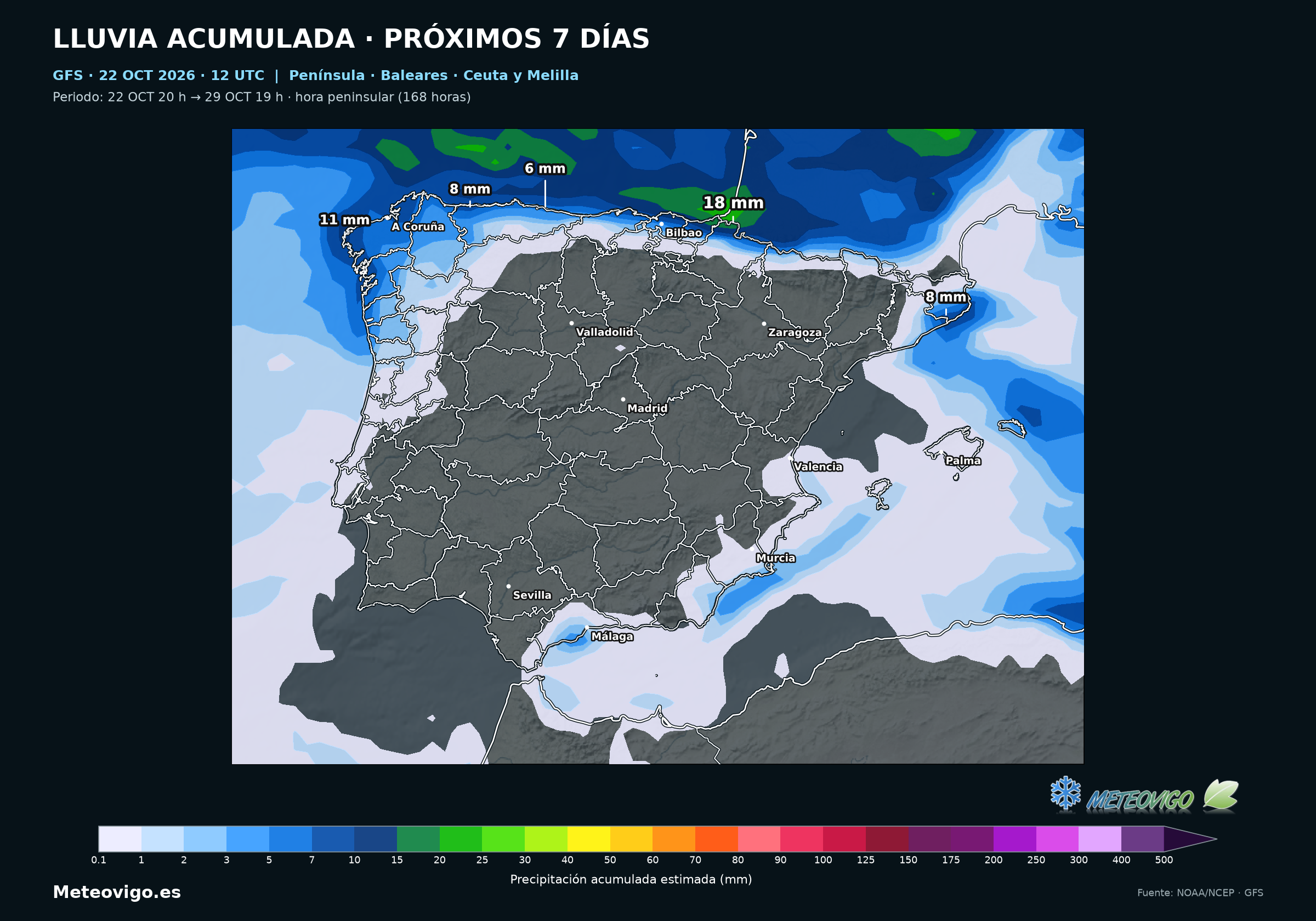 Península, Baleares, Ceuta y Melilla: lluvia acumulada del 22 al 29 de octubre. GFS, salida del 22 de octubre de 2026 a las 12 UTC. Elaboración Meteovigo con datos NOAA/NCEP.