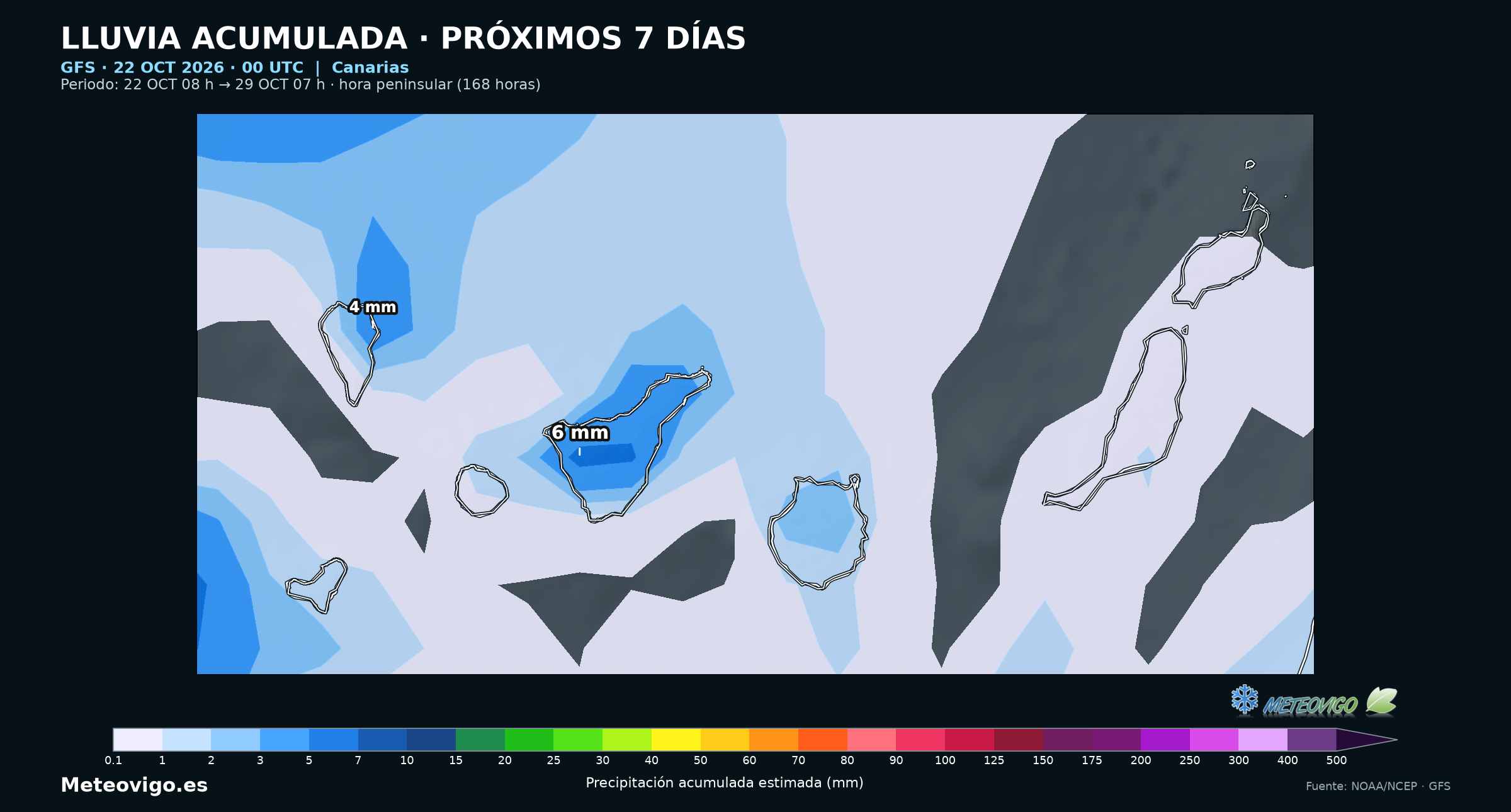 Canarias: lluvia acumulada del 22 al 29 de octubre. GFS, salida del 22 de octubre de 2026 a las 00 UTC. Elaboración Meteovigo con datos NOAA/NCEP.