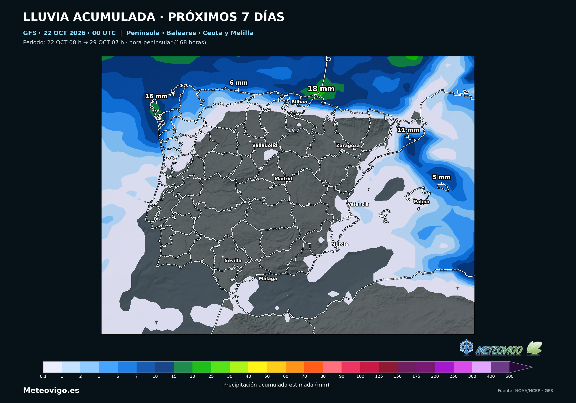 Península, Baleares, Ceuta y Melilla: lluvia acumulada del 22 al 29 de octubre. GFS, salida del 22 de octubre de 2026 a las 00 UTC. Elaboración Meteovigo con datos NOAA/NCEP.