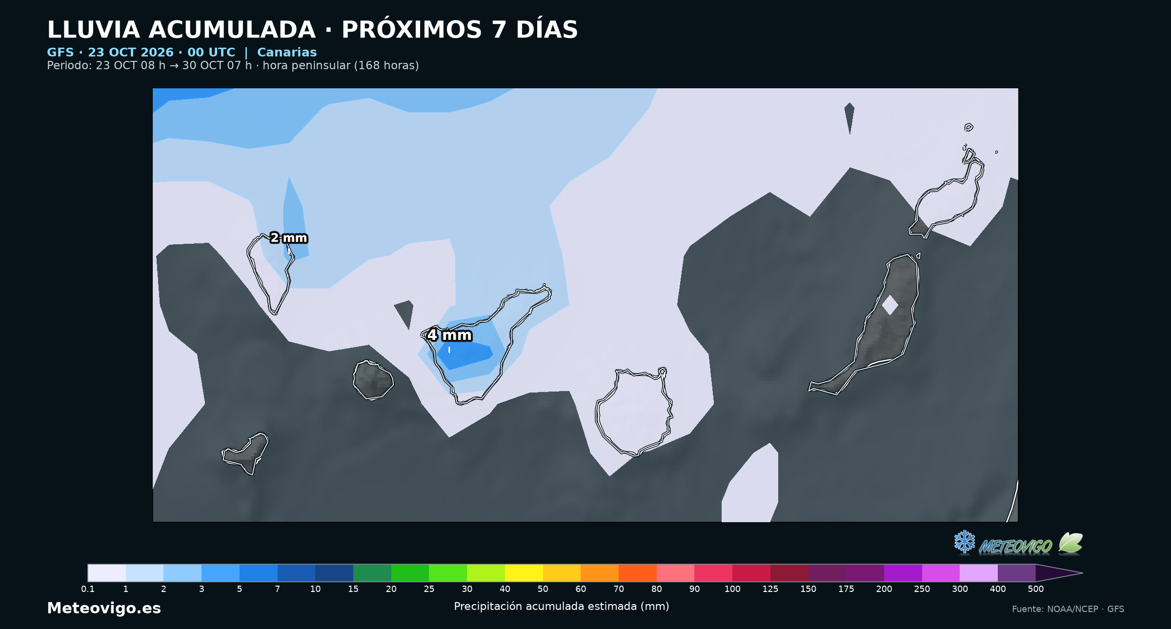 Canarias: lluvia acumulada del 23 al 30 de octubre. GFS, salida del 23 de octubre de 2026 a las 00 UTC. Elaboración Meteovigo con datos NOAA/NCEP.