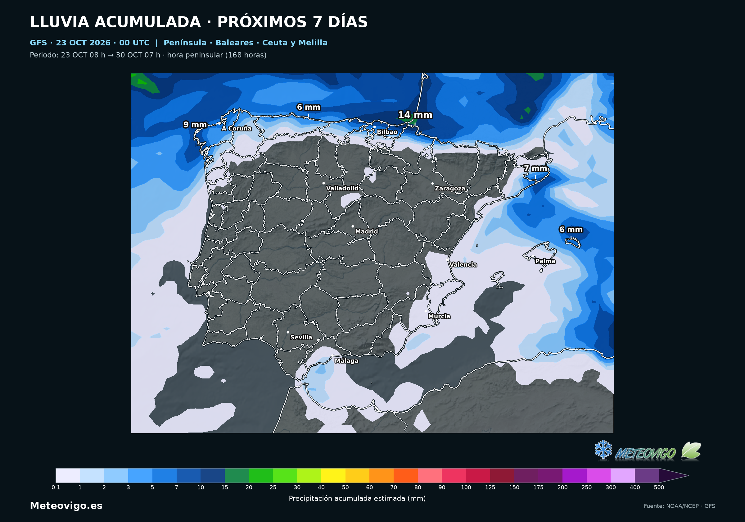 Península, Baleares, Ceuta y Melilla: lluvia acumulada del 23 al 30 de octubre. GFS, salida del 23 de octubre de 2026 a las 00 UTC. Elaboración Meteovigo con datos NOAA/NCEP.