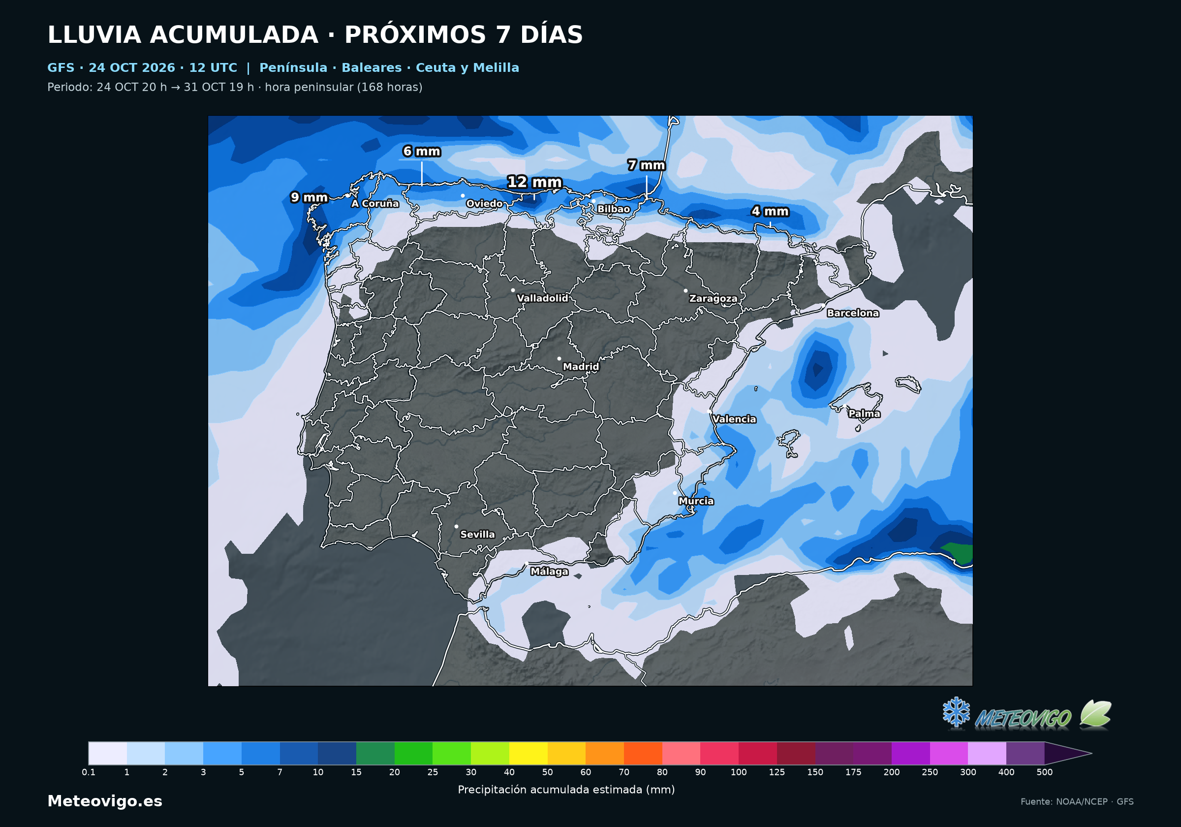 Península, Baleares, Ceuta y Melilla: lluvia acumulada del 24 al 31 de octubre. GFS, salida del 24 de octubre de 2026 a las 12 UTC. Fuente: NOAA/NCEP.