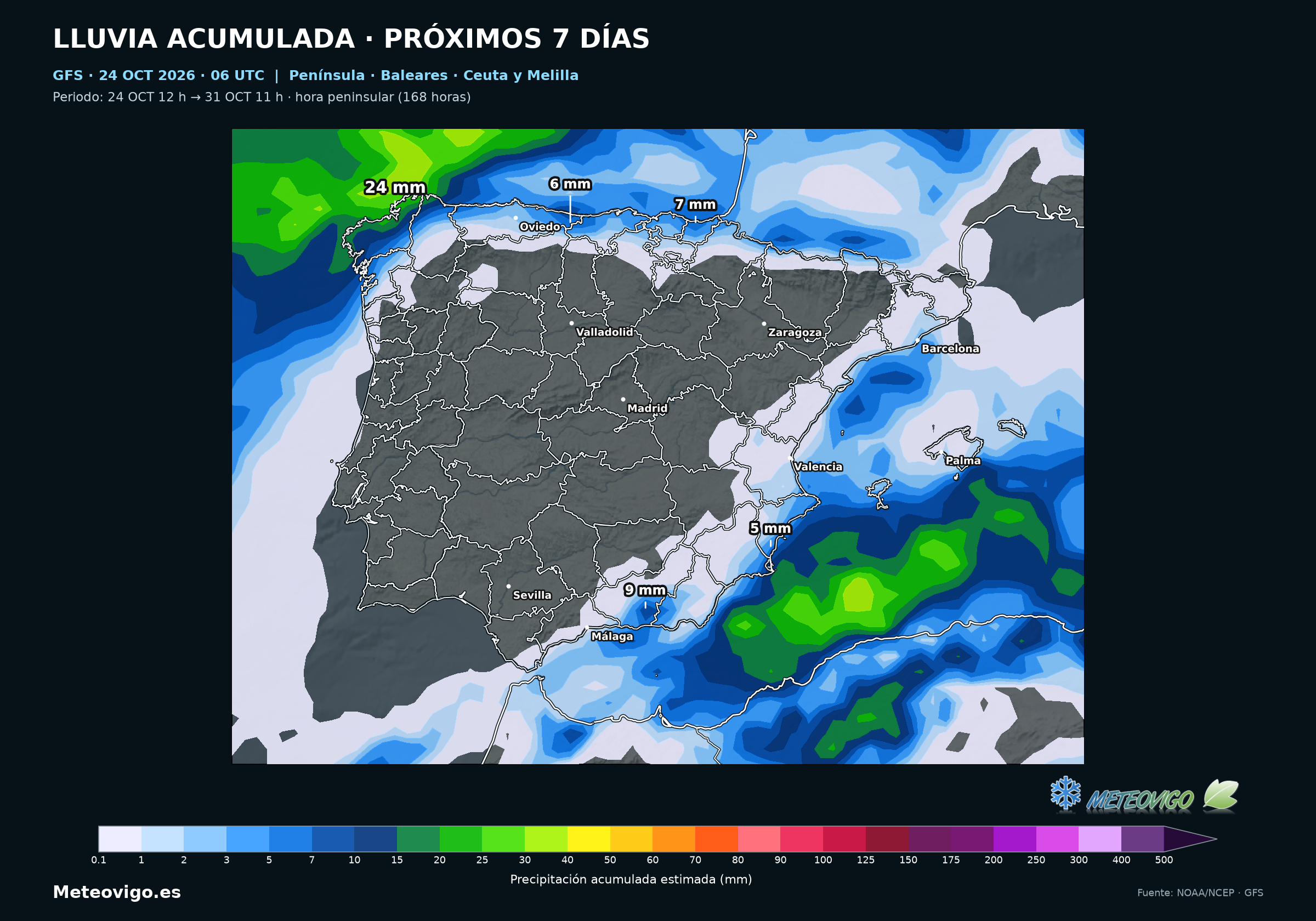 Península, Baleares, Ceuta y Melilla. Lluvia acumulada del 24 al 31 de octubre de 2026 (10–10 UTC). GFS, salida del día 24 a las 06 UTC. Fuente: NOAA/NCEP.