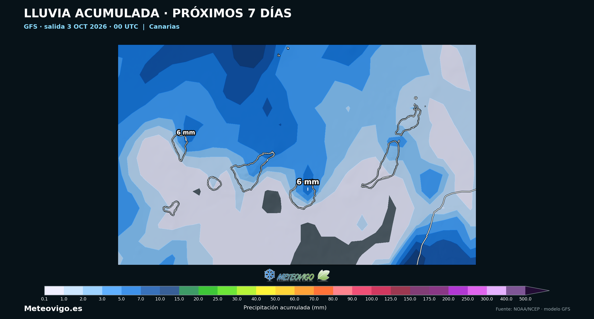 Precipitaci&oacute;n acumulada del GFS en Canarias del 3 al 10 de octubre de 2026