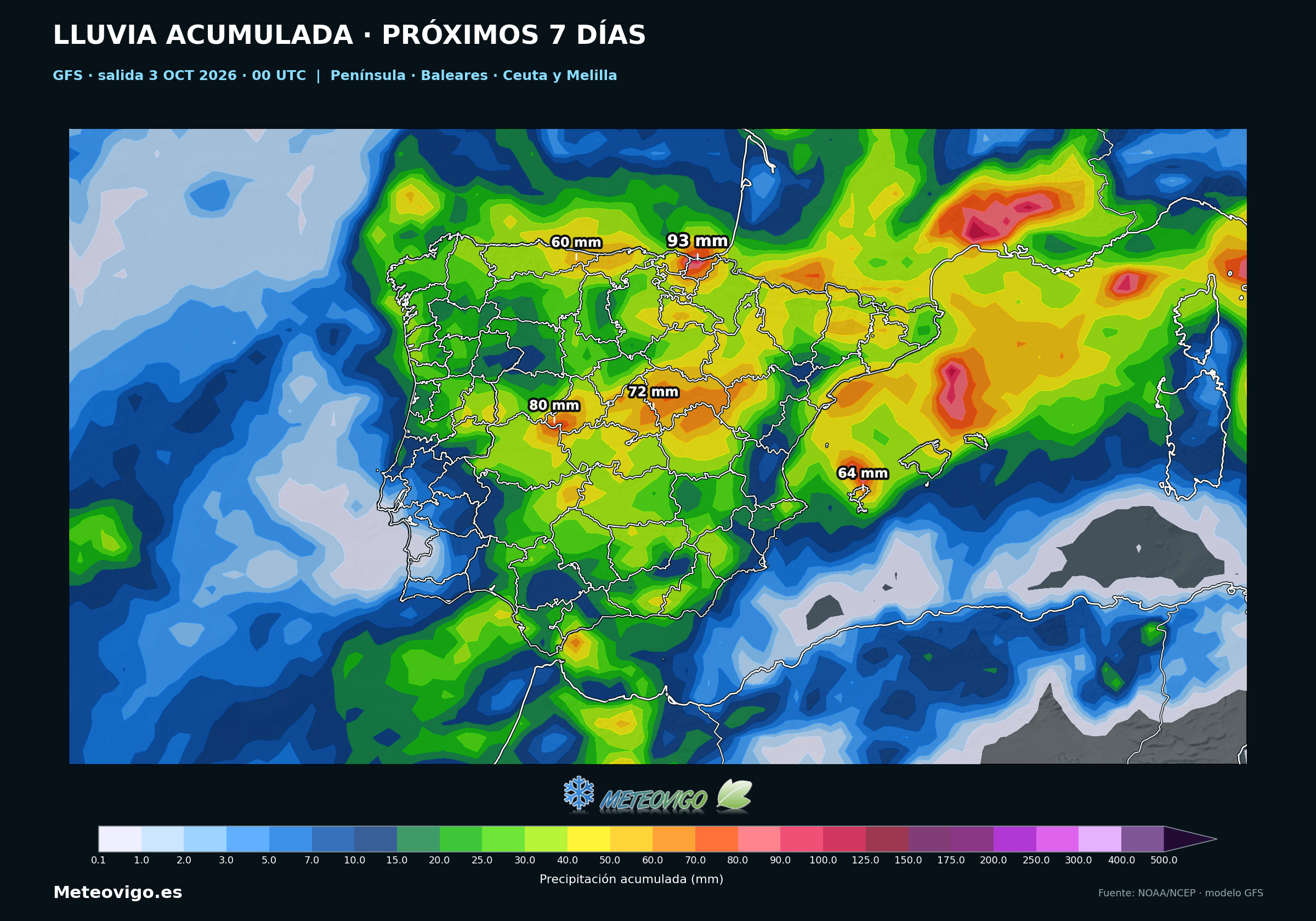 Lluvia acumulada del GFS en Espa&ntilde;a del 3 al 10 de octubre de 2026, salida de las 00 UTC