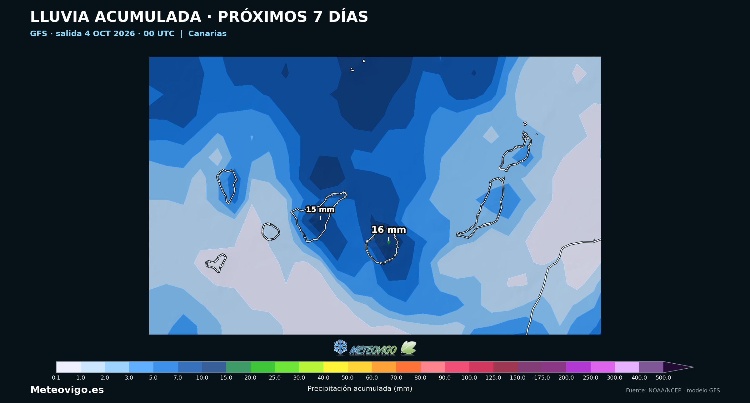 Precipitación acumulada del GFS en Canarias del 4 al 11 de octubre de 2026