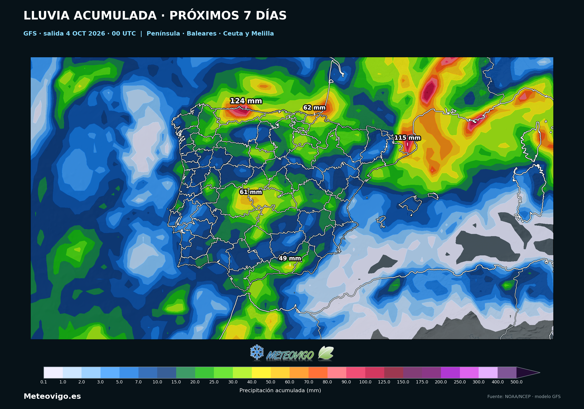 Precipitación acumulada del GFS en España del 4 al 11 de octubre de 2026, salida de las 00 UTC