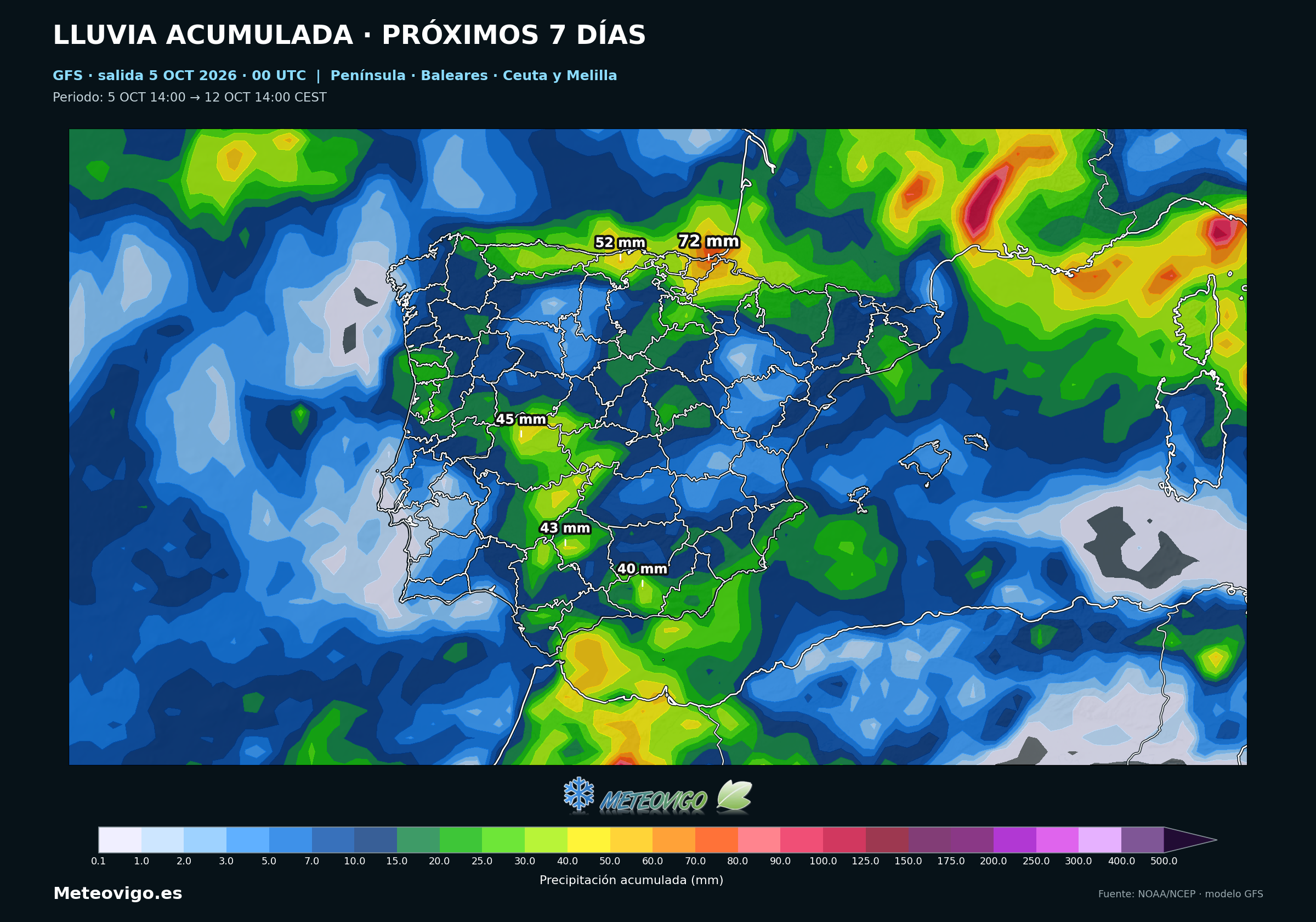 Lluvias acumuladas del GFS en España del 5 al 12 de octubre de 2026