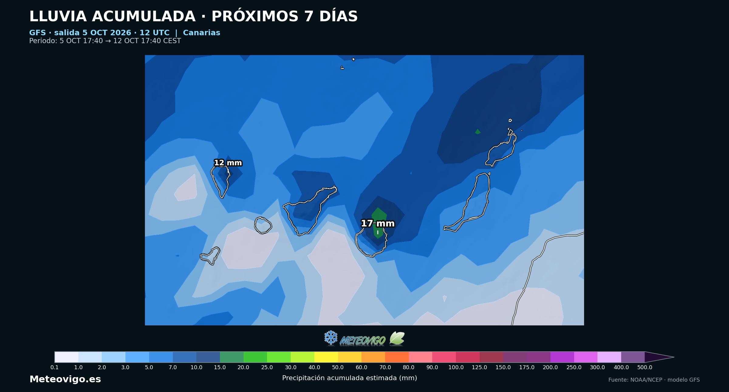 Lluvias del GFS en Canarias del 5 al 12 de octubre de 2026