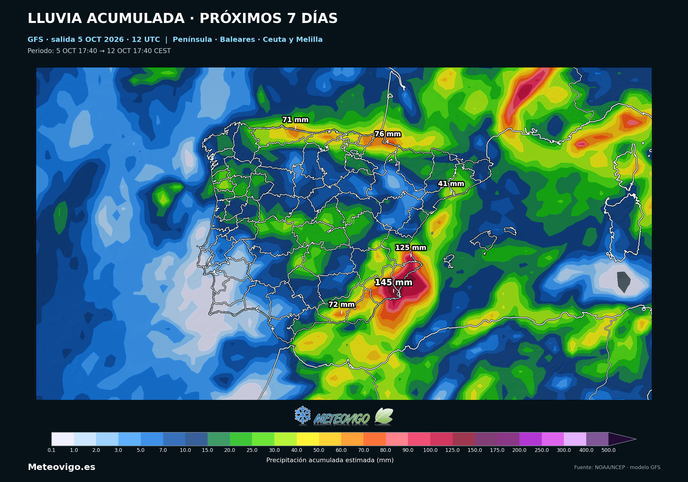 Lluvias del GFS del 5 al 12 de octubre de 2026, desde las 17:40, con máximos en Murcia y la Comunidad Valenciana