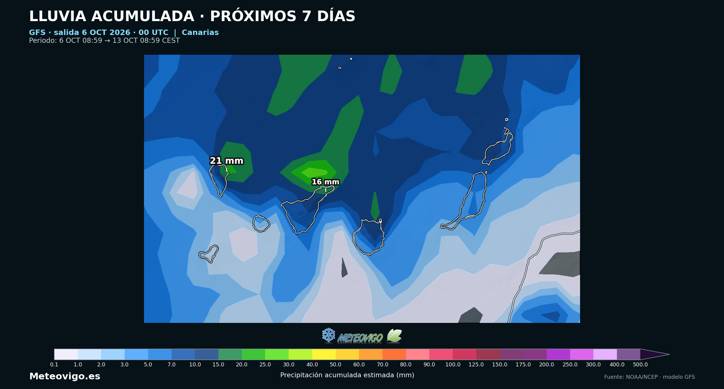Lluvias acumuladas durante siete días según el modelo GFS en Canarias, del 6 al 13 de octubre de 2026
