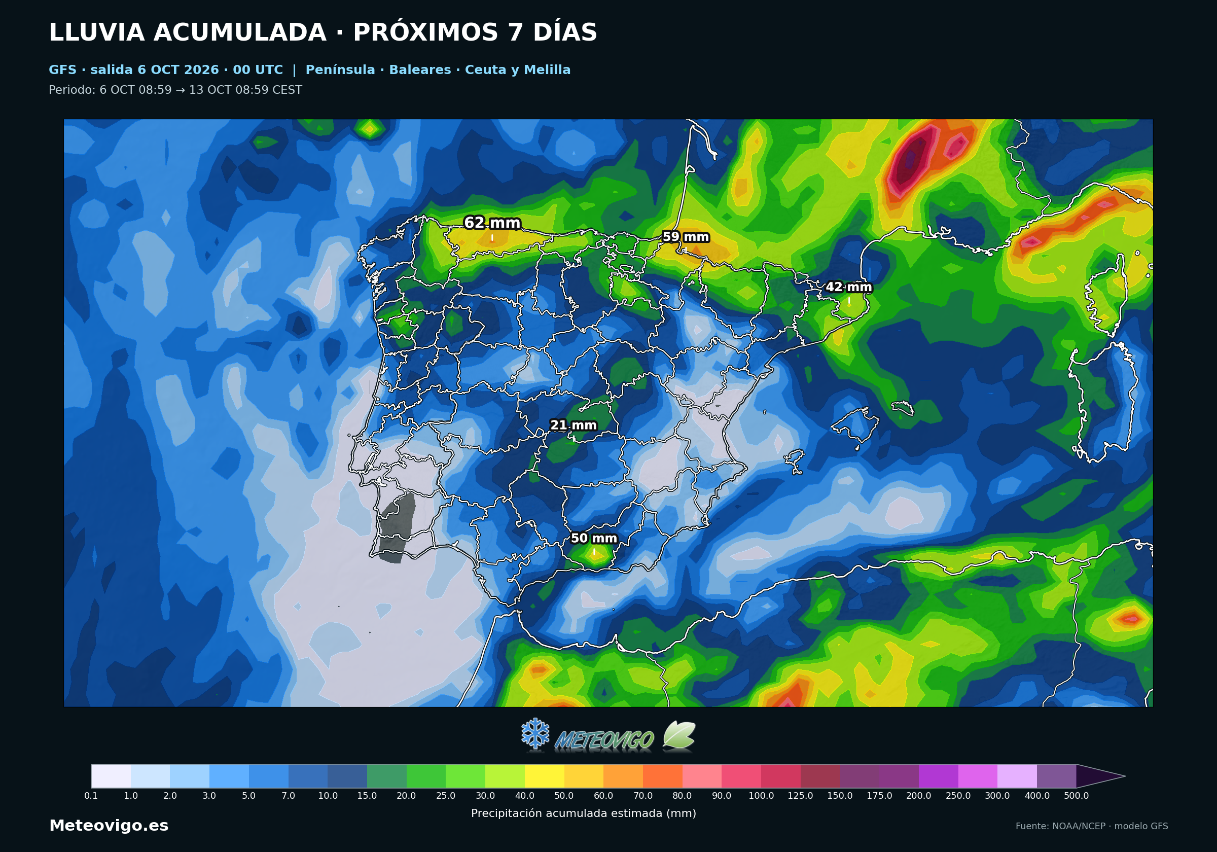 Lluvias acumuladas durante siete días según el modelo GFS en España, del 6 al 13 de octubre de 2026