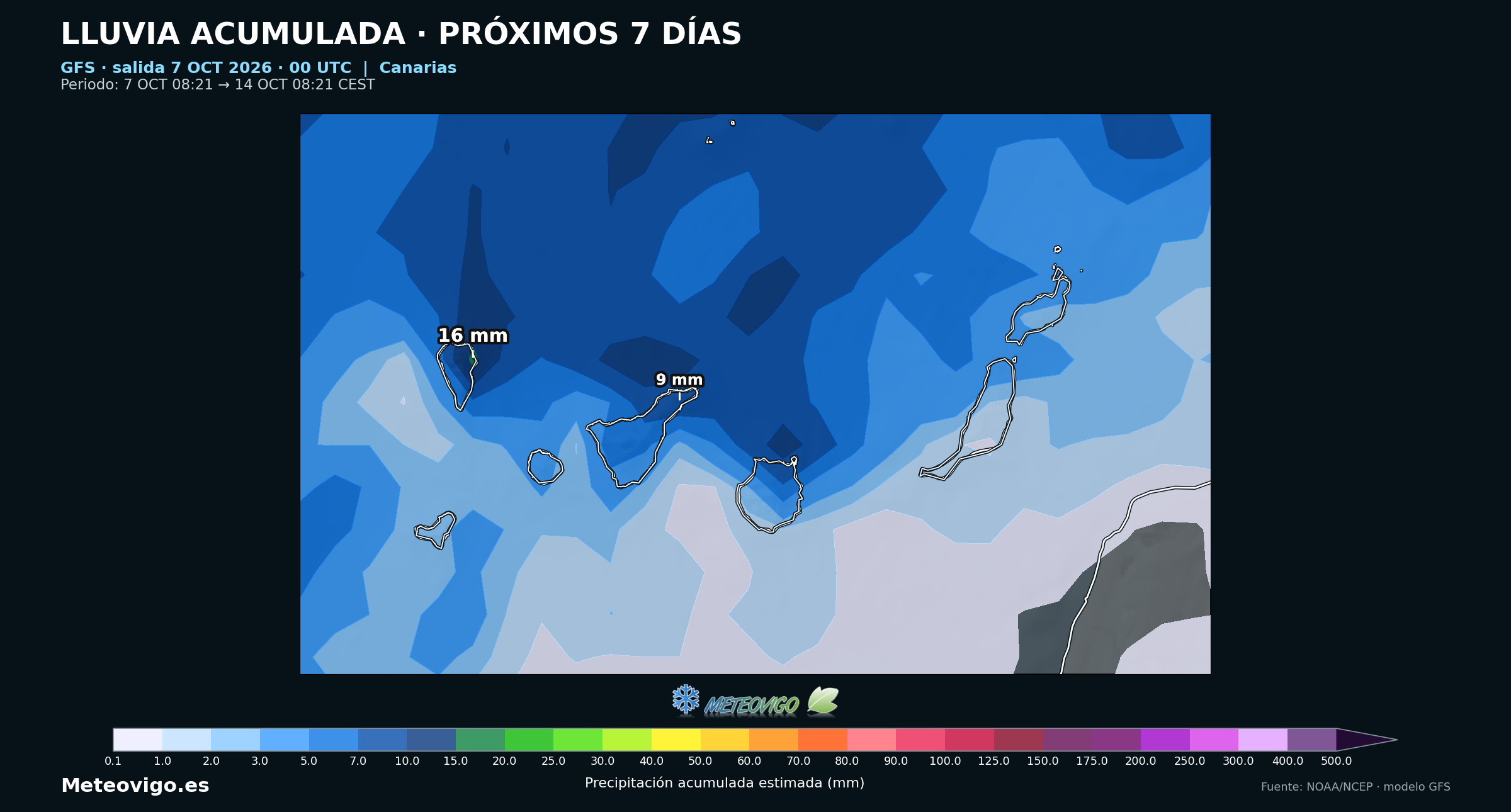Lluvias acumuladas durante siete días según el modelo GFS en Canarias, del 7 al 14 de octubre de 2026