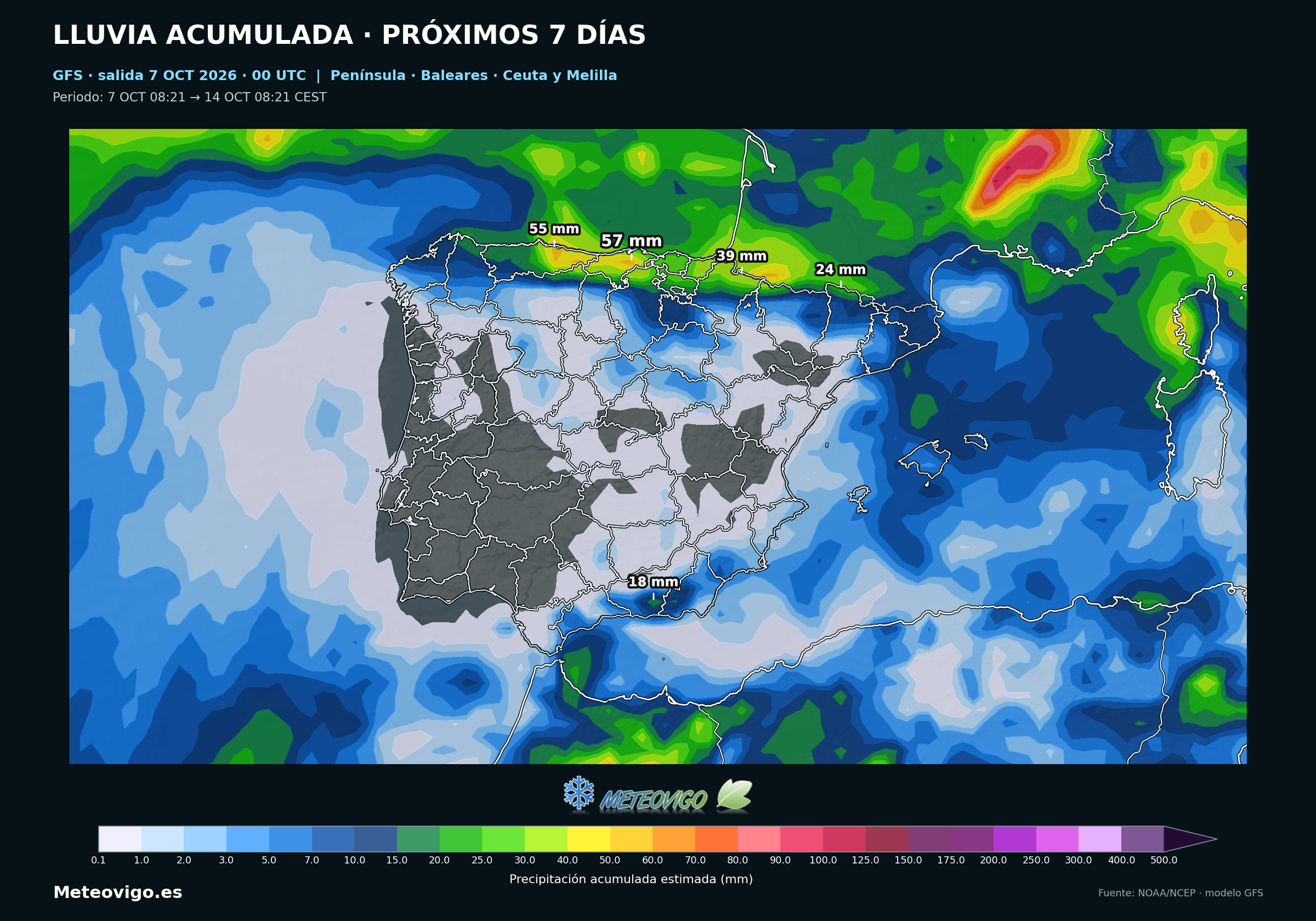 Lluvias acumuladas durante siete días según el modelo GFS en España, del 7 al 14 de octubre de 2026