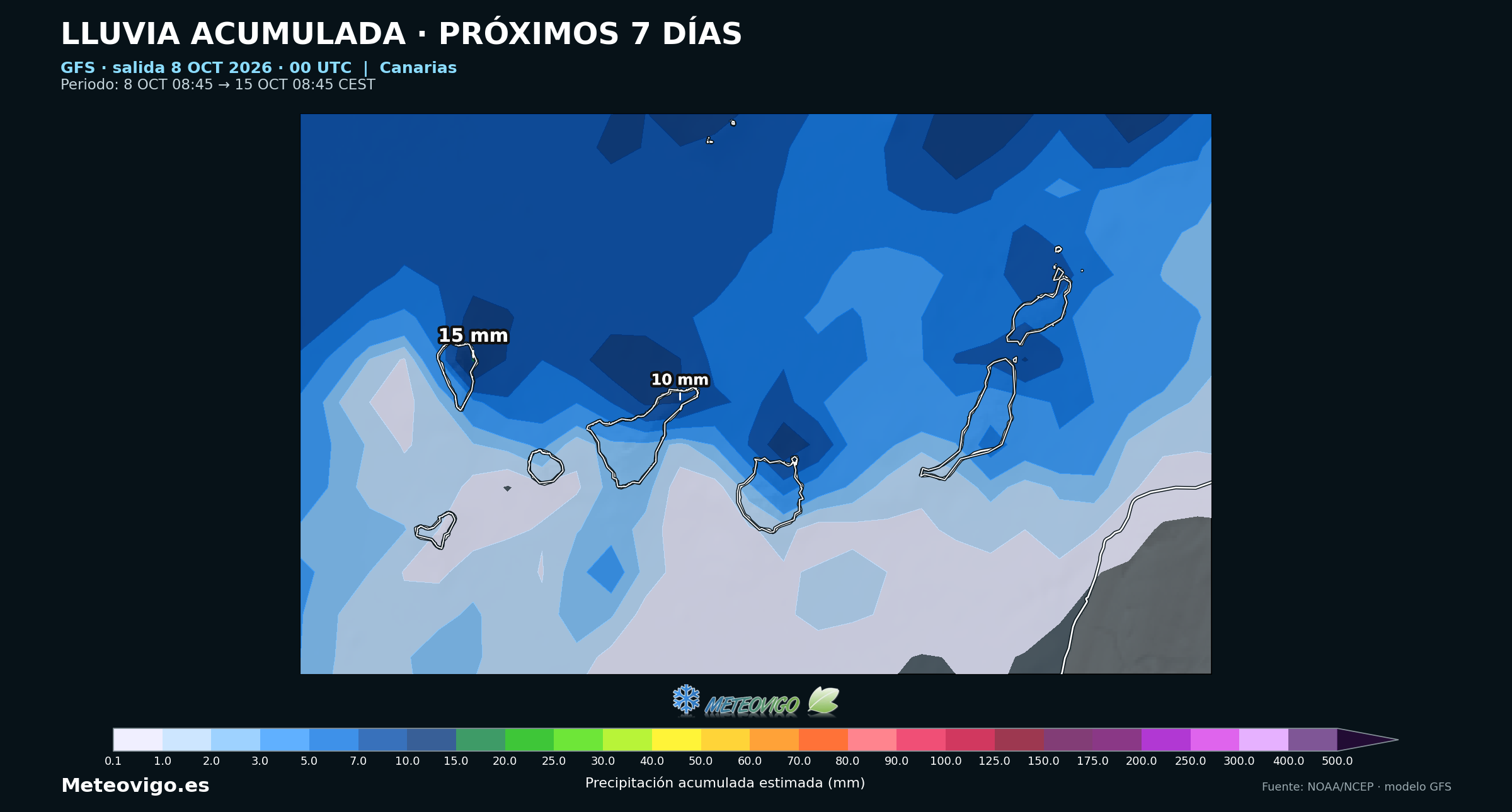 Lluvias acumuladas durante siete d&iacute;as seg&uacute;n el modelo GFS en Canarias, del 8 al 15 de octubre de 2026