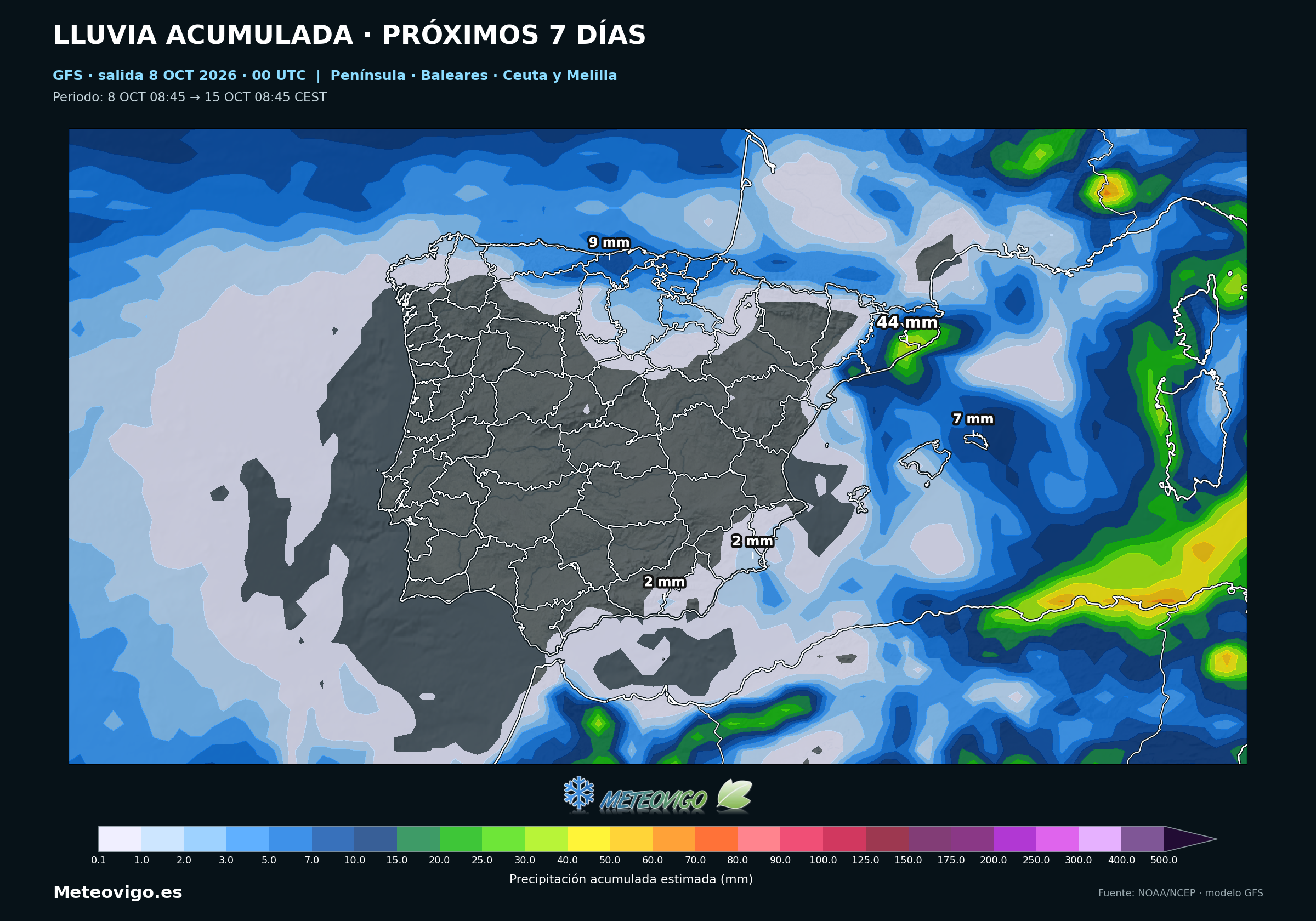 Lluvias acumuladas durante siete d&iacute;as seg&uacute;n el modelo GFS en Espa&ntilde;a, del 8 al 15 de octubre de 2026