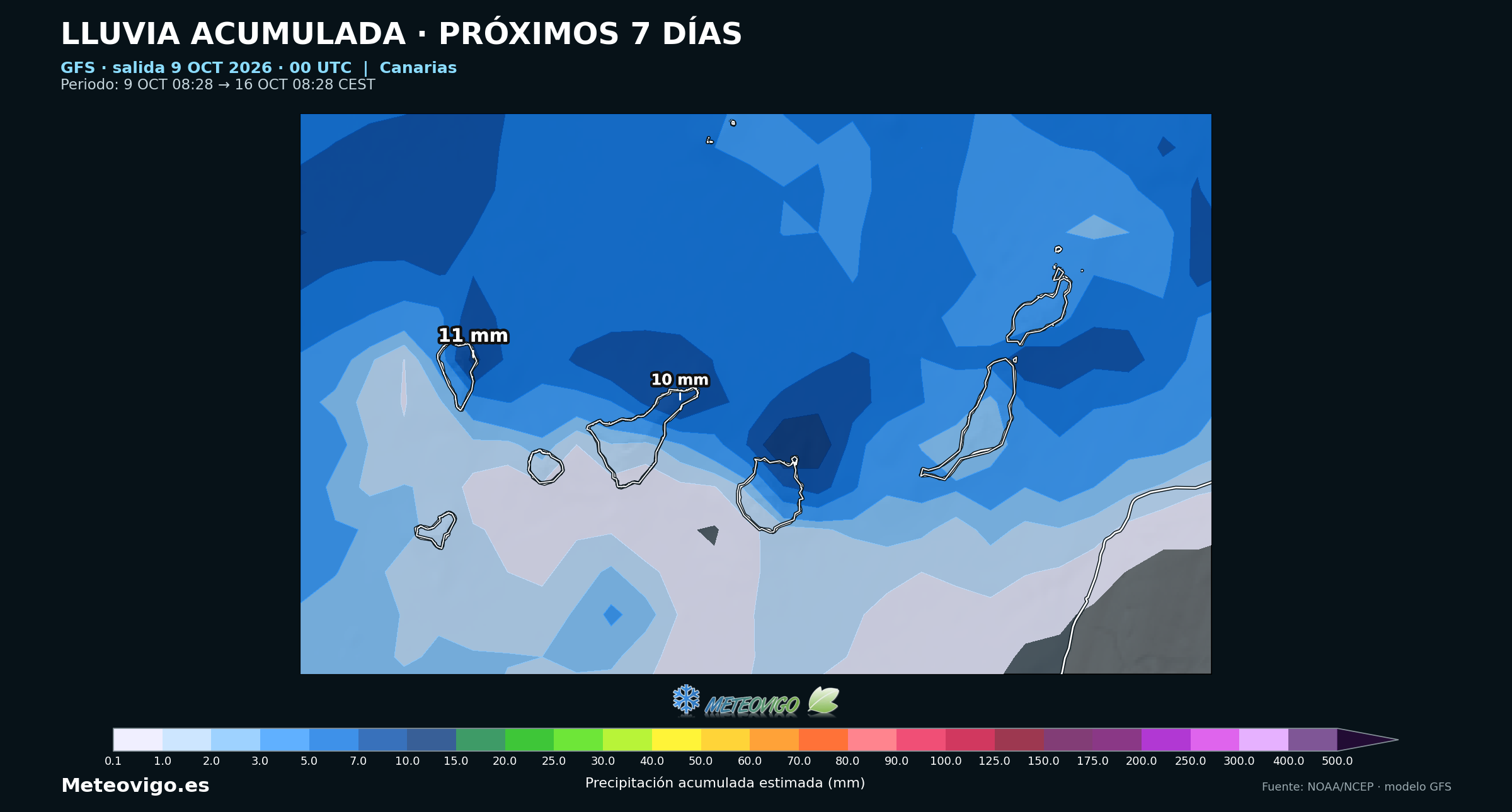 Lluvias acumuladas durante siete días según el modelo GFS en Canarias, del 9 al 16 de octubre de 2026