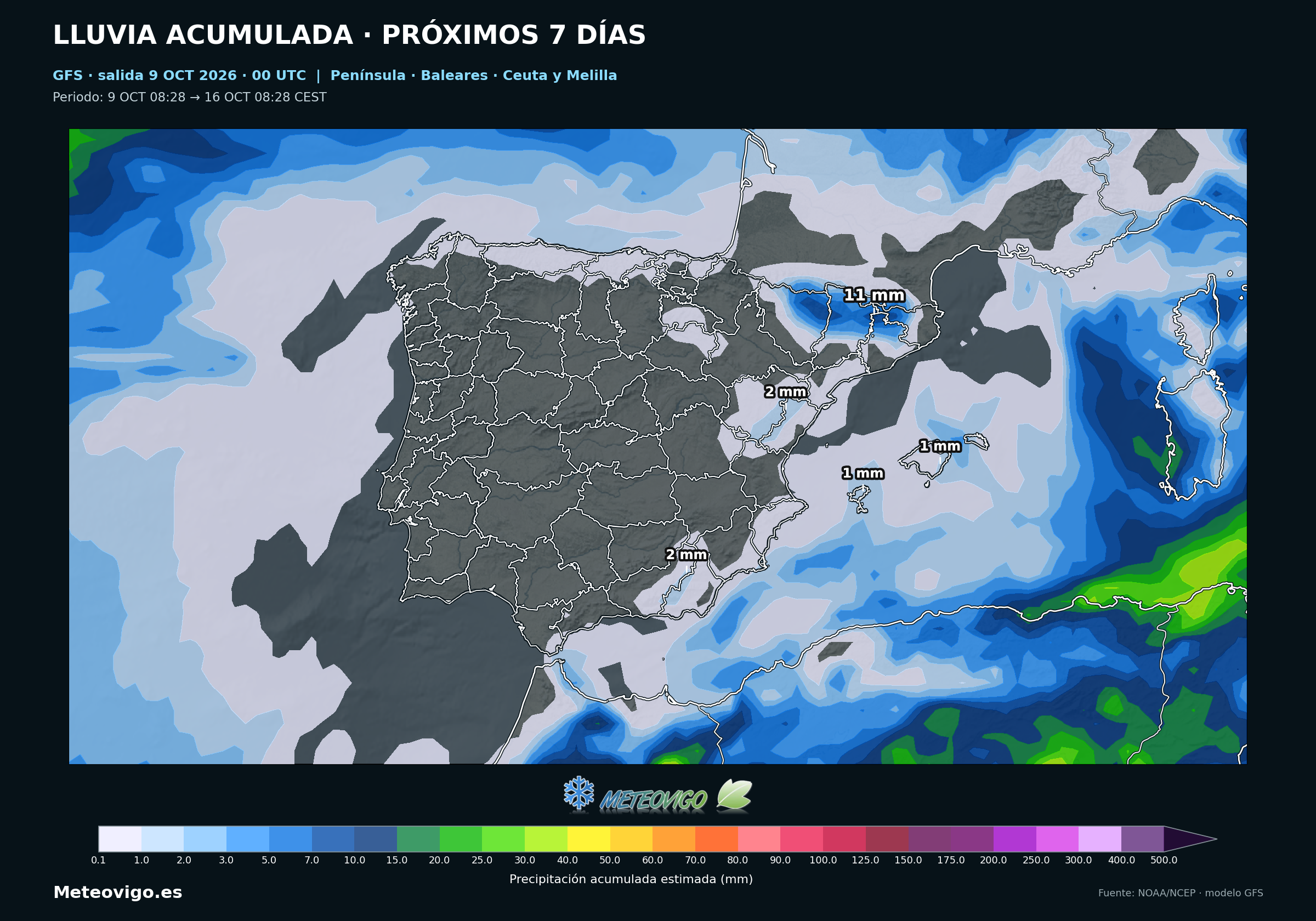 Lluvias acumuladas durante siete días según el modelo GFS en España, del 9 al 16 de octubre de 2026