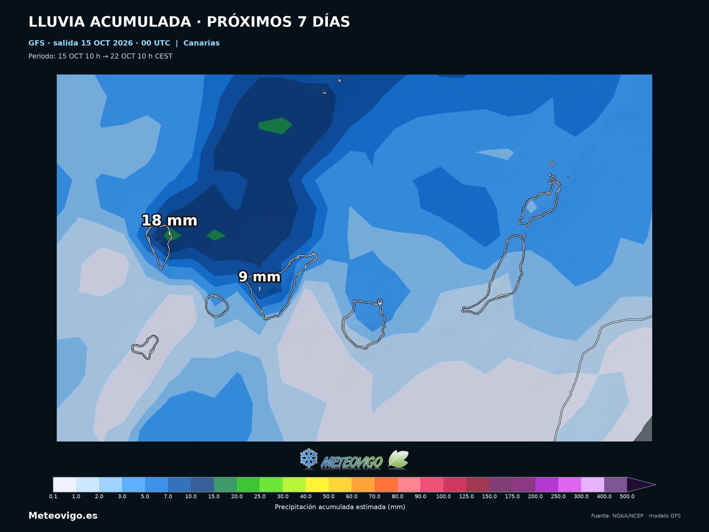 Lluvia acumulada a siete días del GFS en Canarias, del 15 al 22 de octubre de 2026, con máximos locales de 18 mm en La Palma y 9 mm en Tenerife