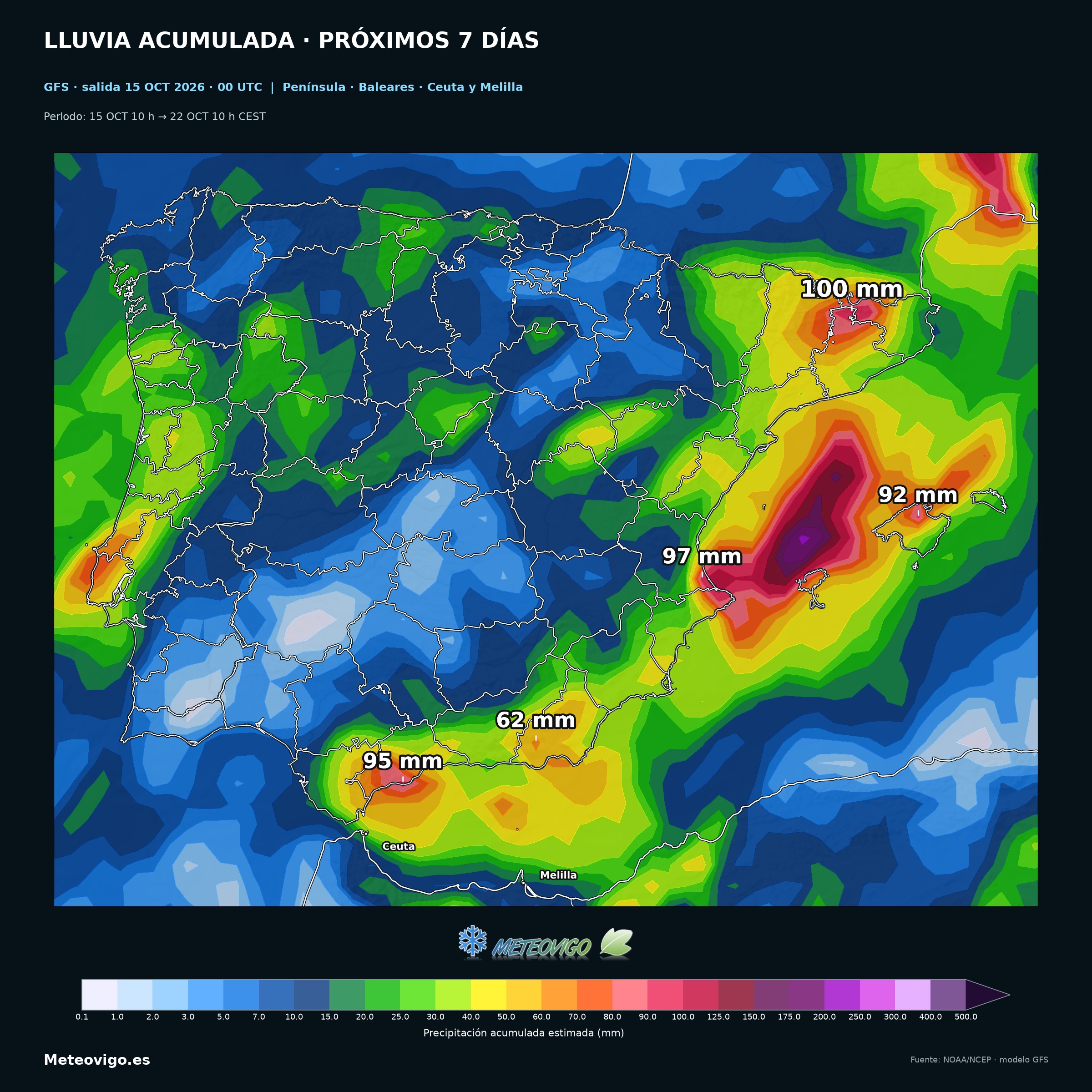 Lluvia acumulada a siete días del GFS, salida del 15 de octubre de 2026 a las 00 UTC, con encuadre ampliado de la Península, Baleares, Ceuta y Melilla